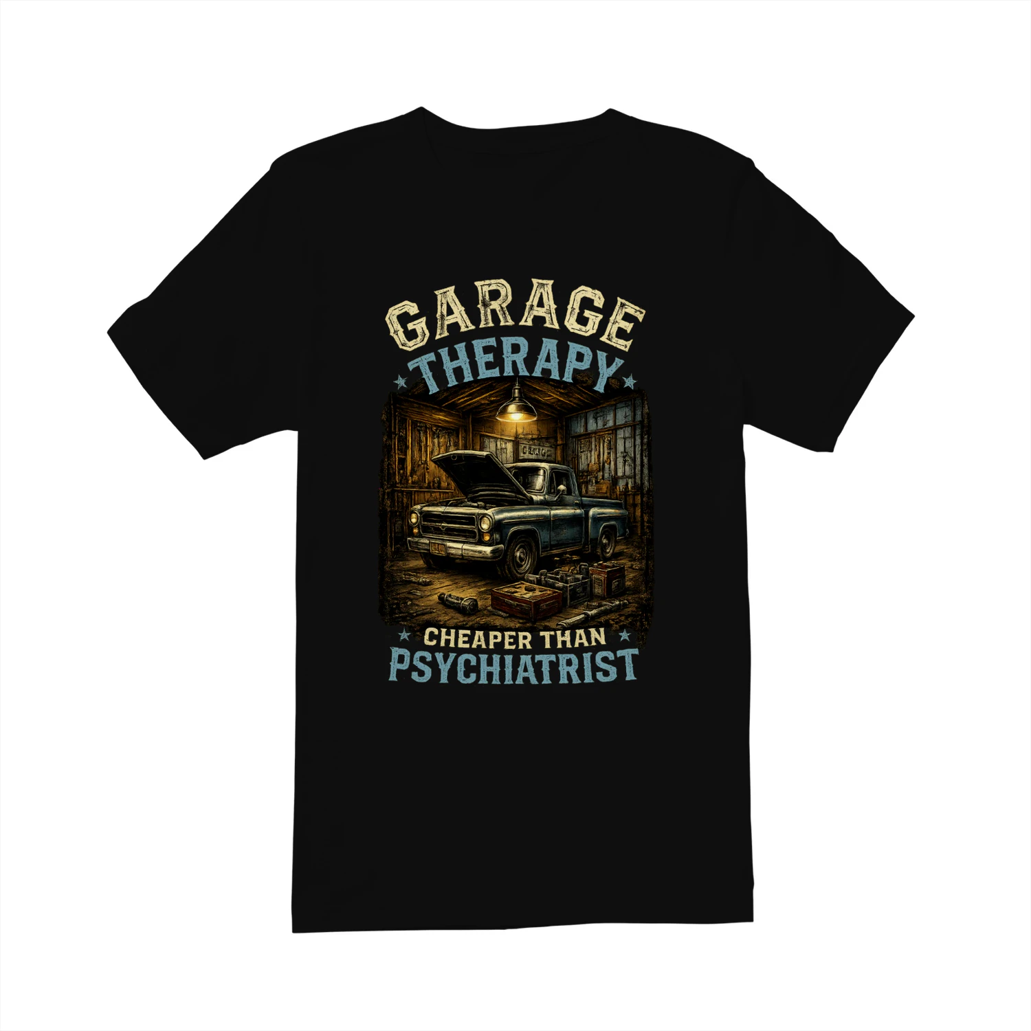 Garage Therapy Cheaper Than Psychiatrist T-Shirt | Vintage Classic Truck Mechanic Tee