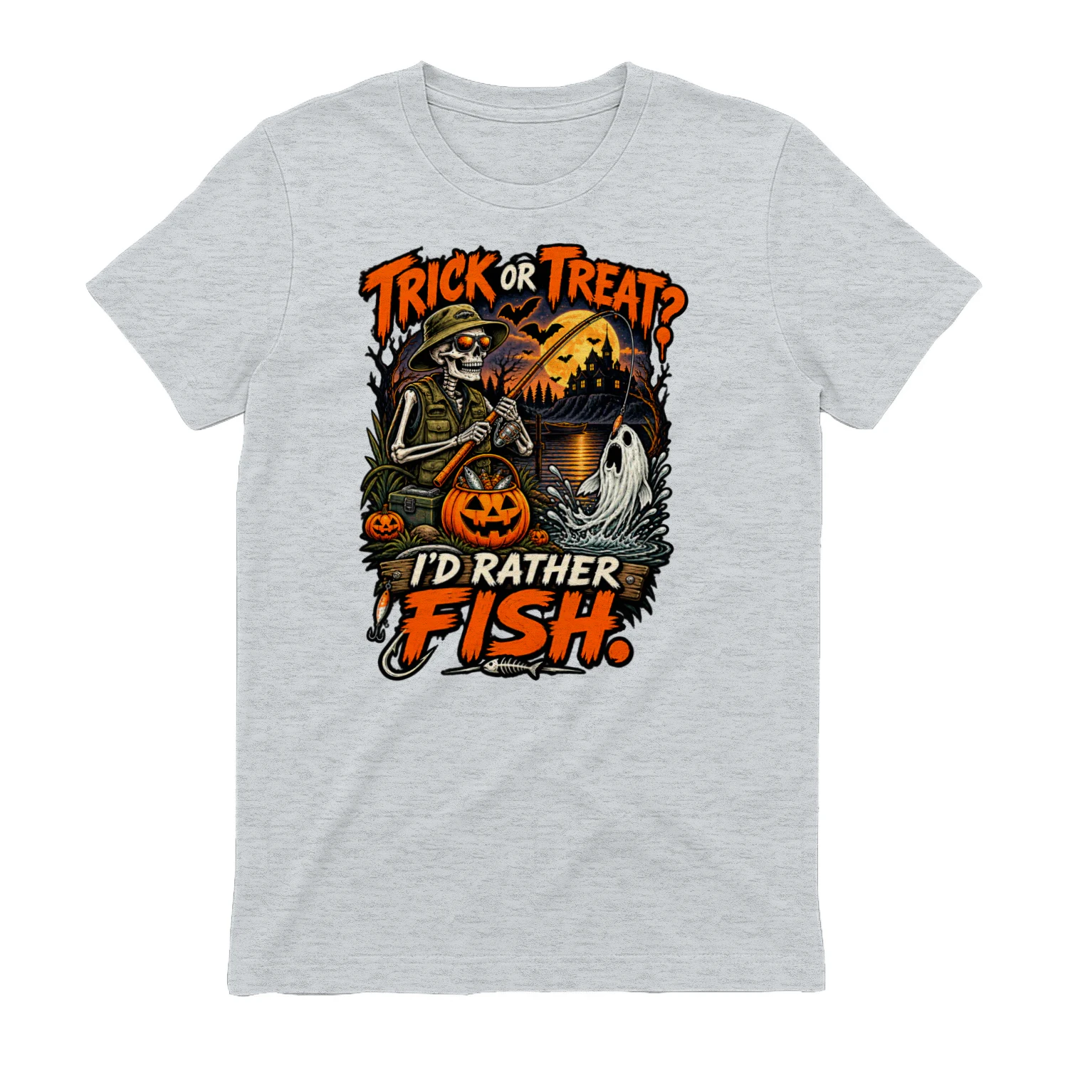 Trick or Treat Fishing T-Shirt | I’d Rather Fish | Skeleton Angler Halloween Tee