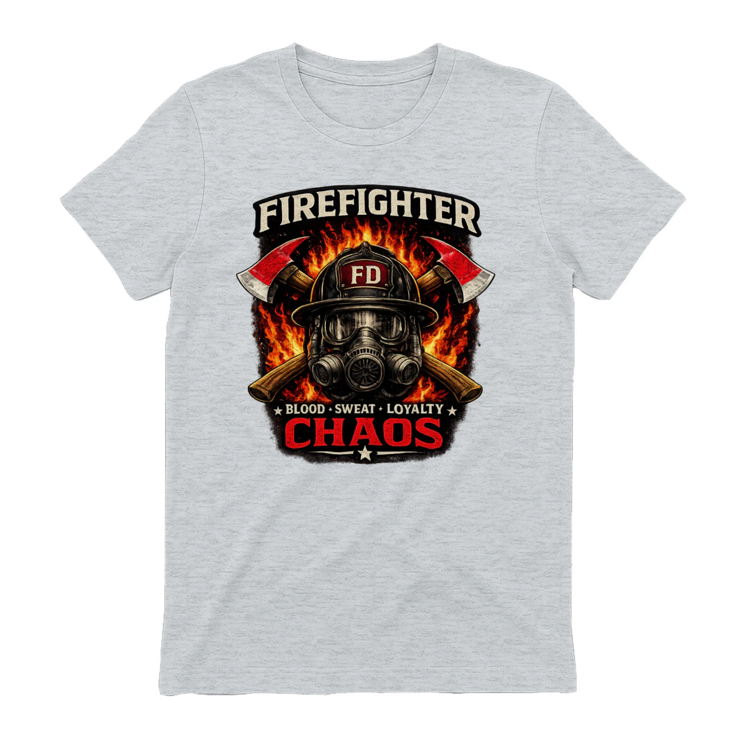 Firefighter T-Shirt | Blood Sweat Loyalty Chaos | Firefighter Helmet & Axes Tee