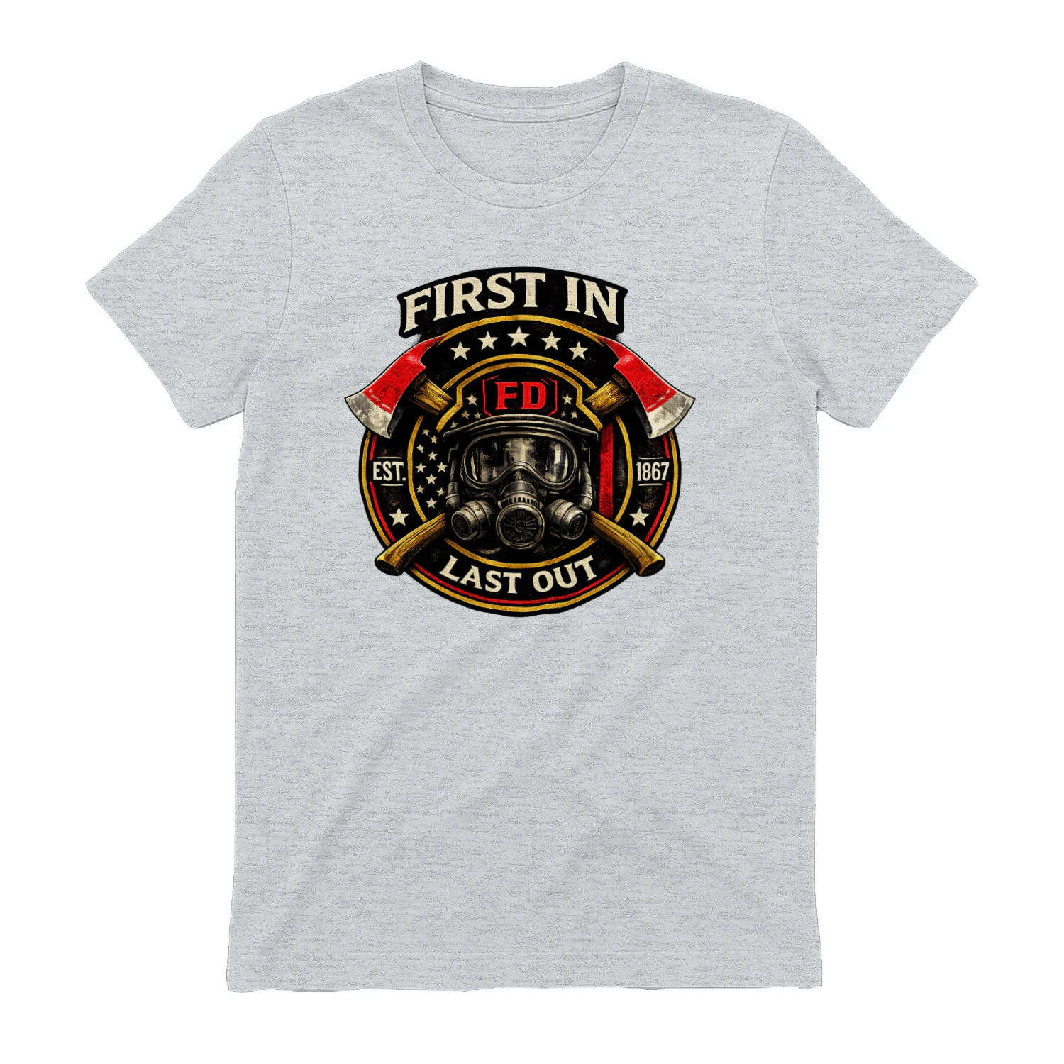 First In Last Out T-Shirt | Firefighter Badge | Fire Department First Responder Tee