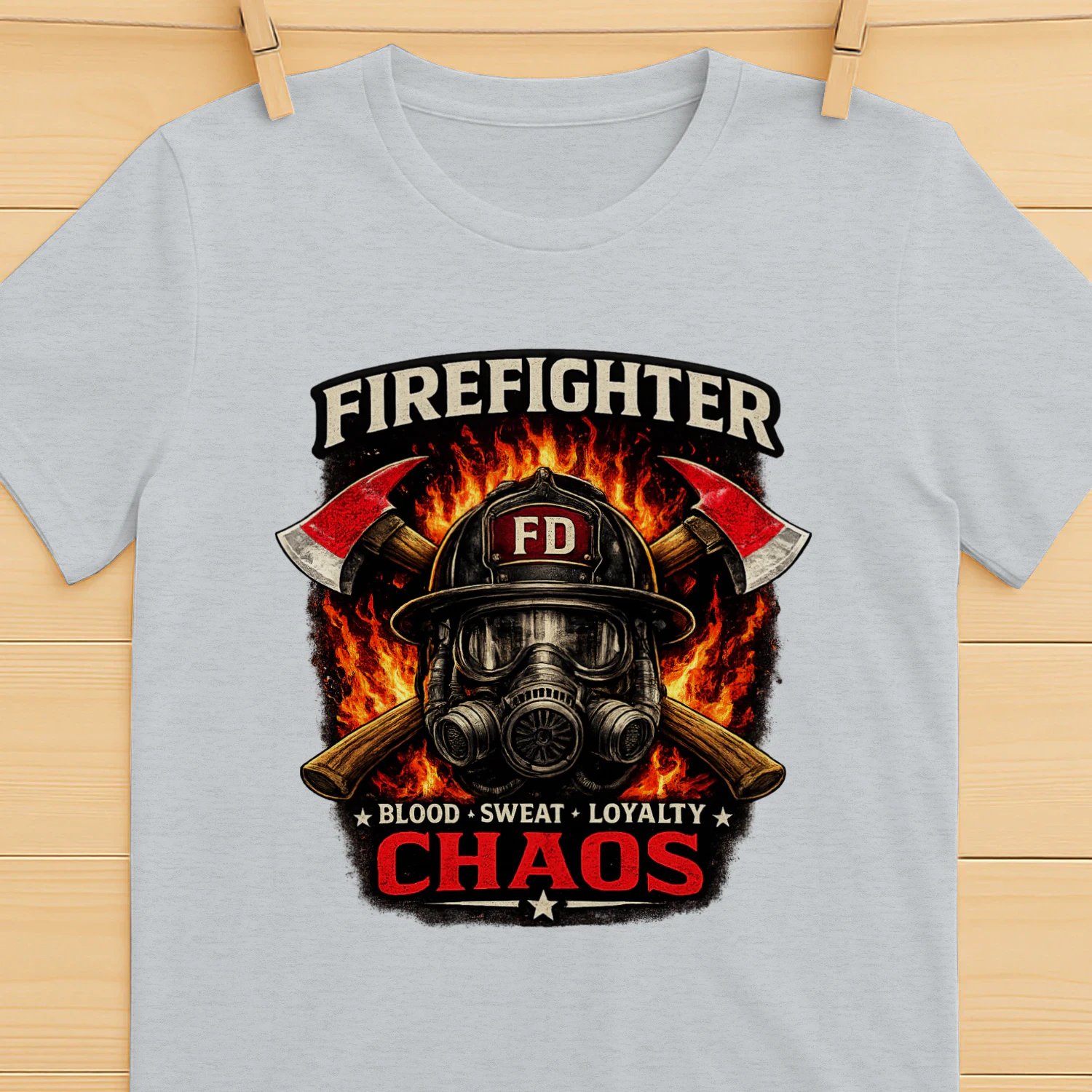 Firefighter T-Shirt | Blood Sweat Loyalty Chaos | Firefighter Helmet & Axes Tee