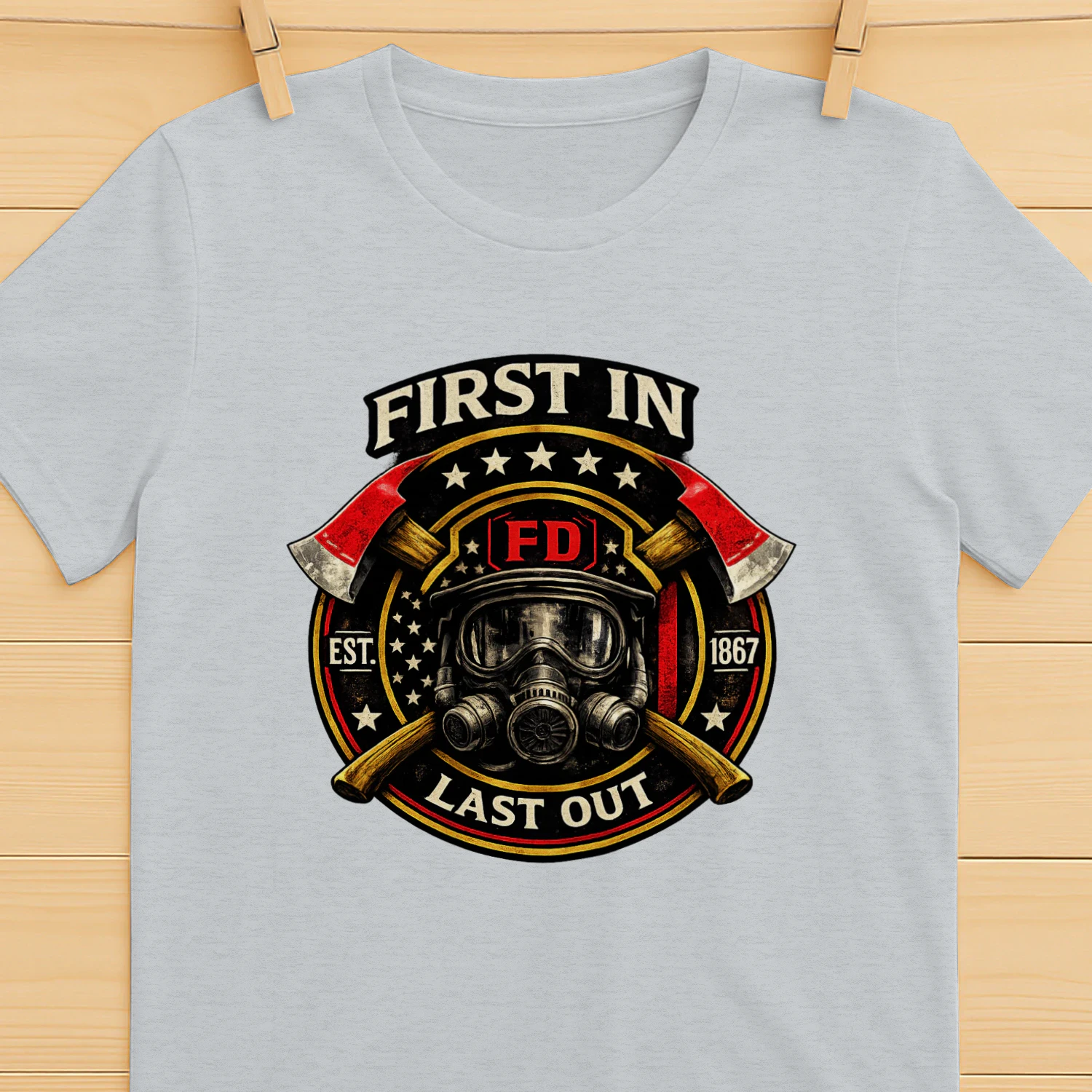 First In Last Out T-Shirt | Firefighter Badge | Fire Department First Responder Tee