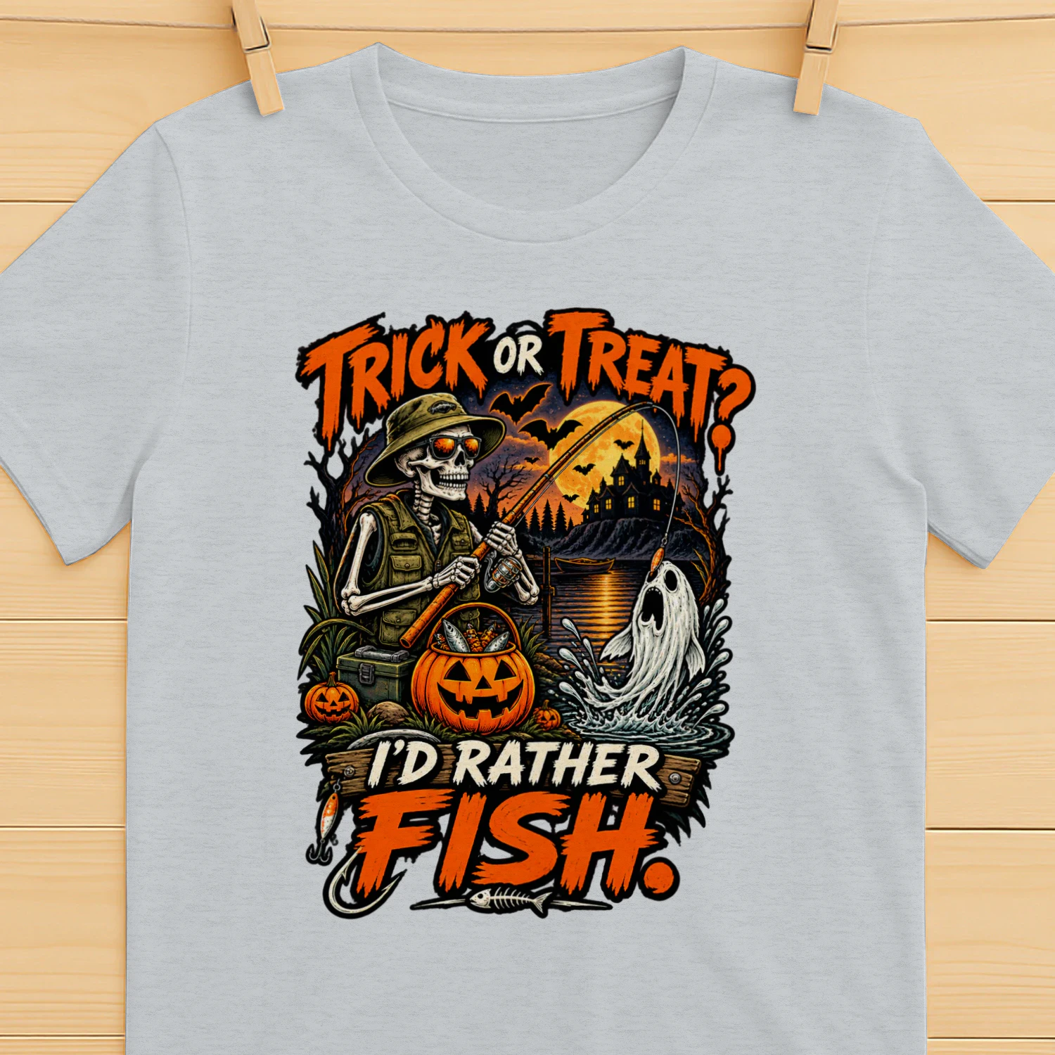 Trick or Treat Fishing T-Shirt | I’d Rather Fish | Skeleton Angler Halloween Tee