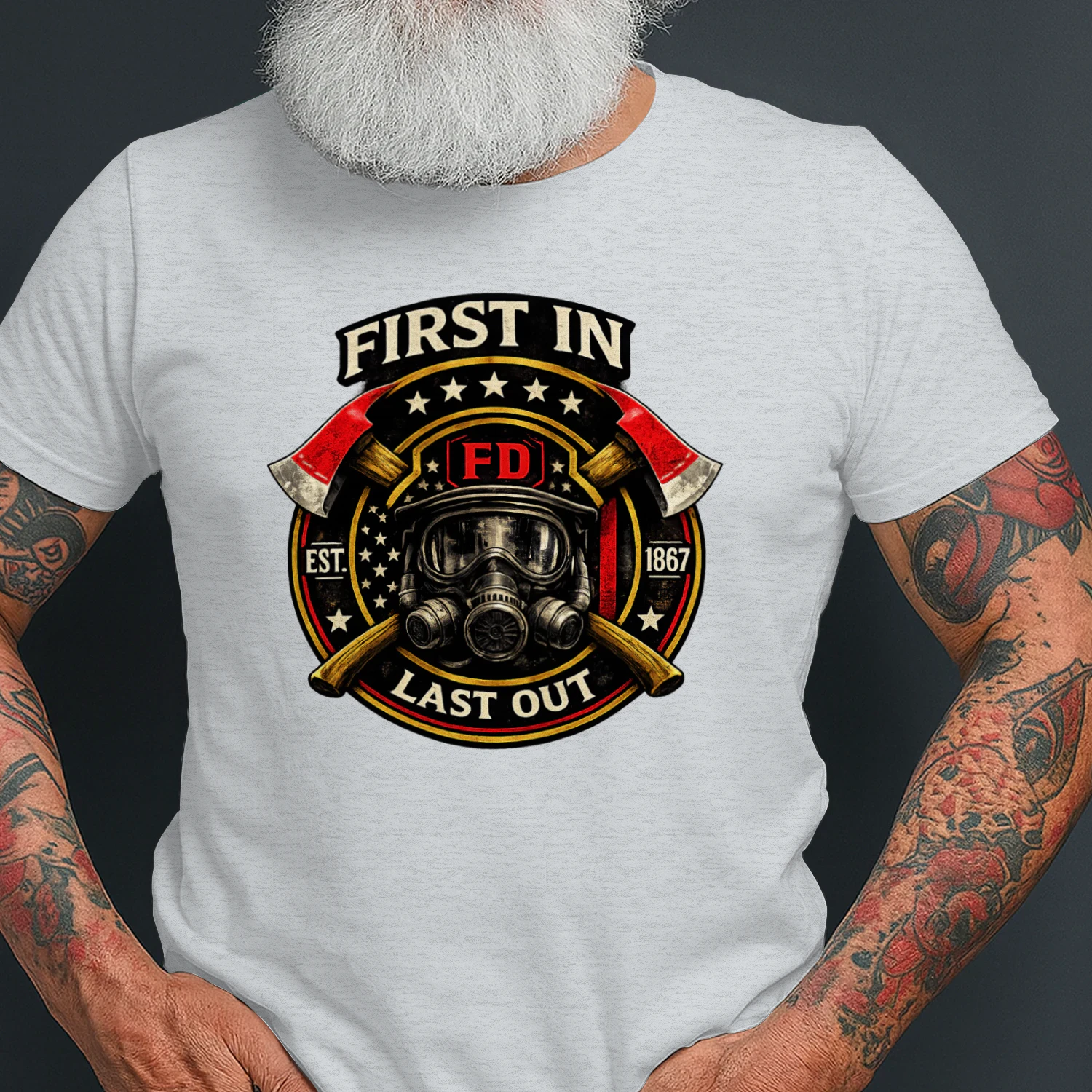 First In Last Out T-Shirt | Firefighter Badge | Fire Department First Responder Tee