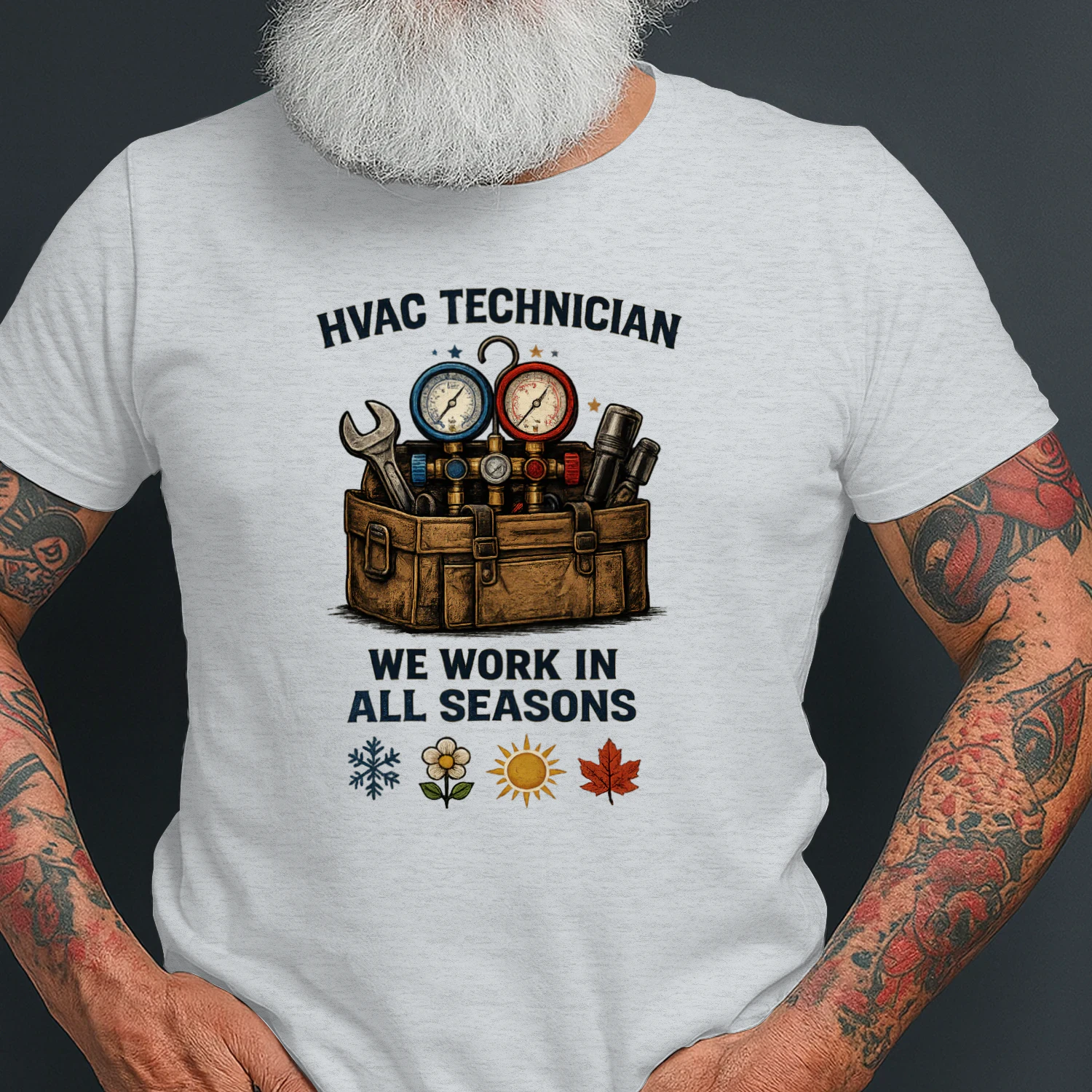 HVAC Technician T-Shirt | We Work In All Seasons | Heating & Cooling Technician Tee