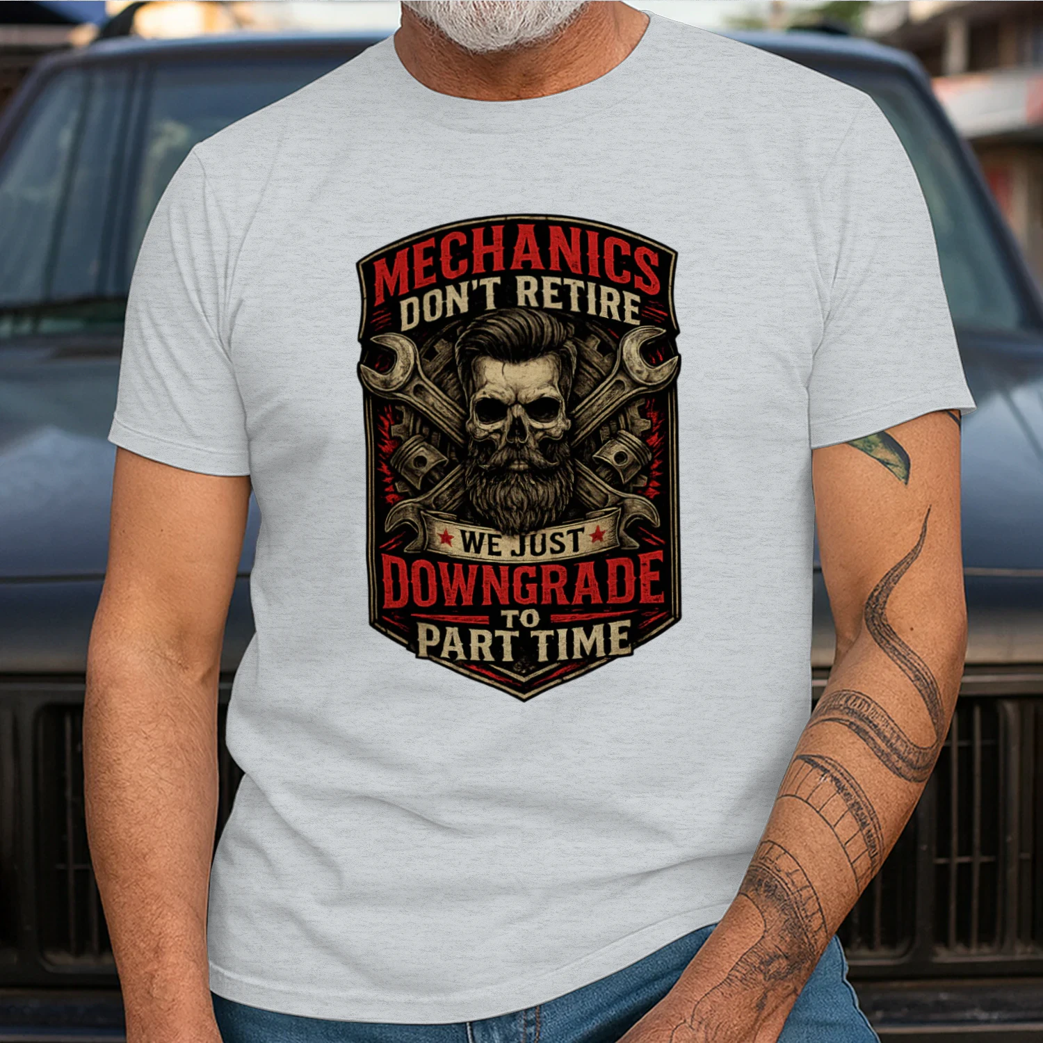 Mechanics Don't Retire We Just Downgrade To Part Time T-Shirt | Funny Retired Mechanic Skull Tee