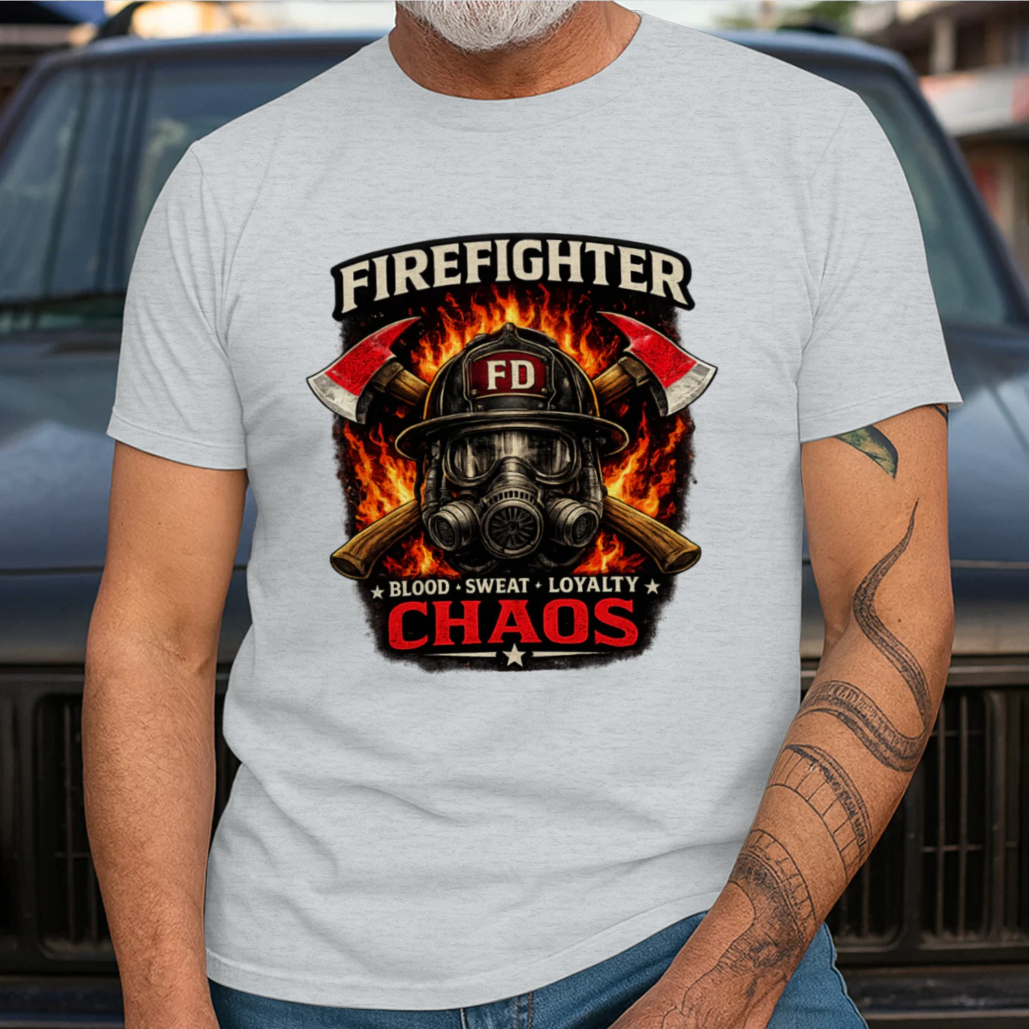 Firefighter T-Shirt | Blood Sweat Loyalty Chaos | Firefighter Helmet & Axes Tee