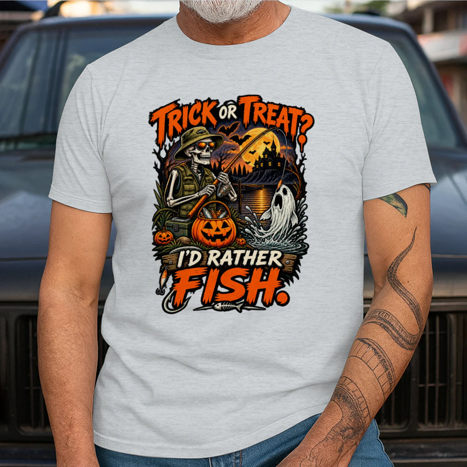 Trick or Treat Fishing T-Shirt | I’d Rather Fish | Skeleton Angler Halloween Tee