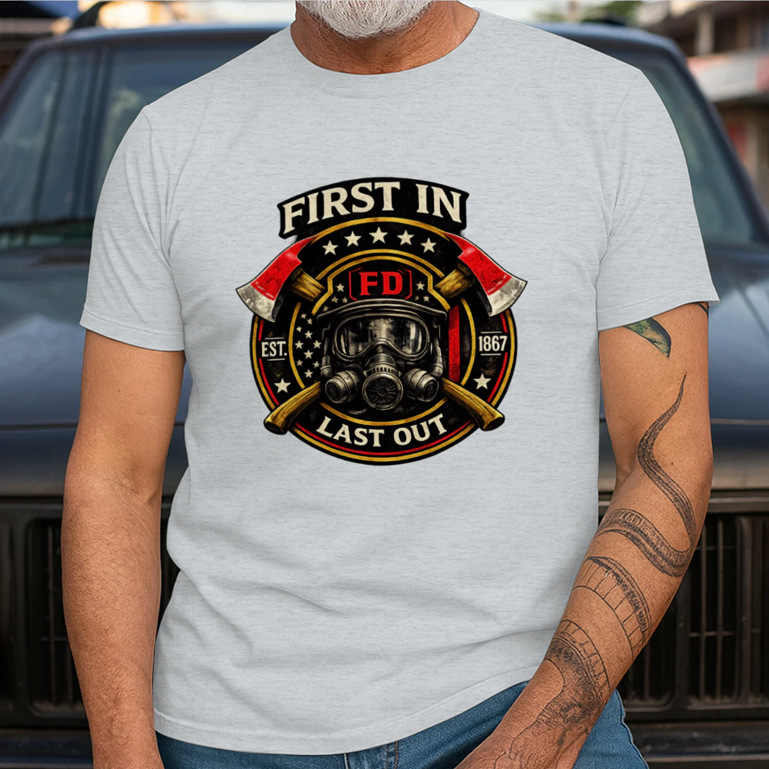 First In Last Out T-Shirt | Firefighter Badge | Fire Department First Responder Tee