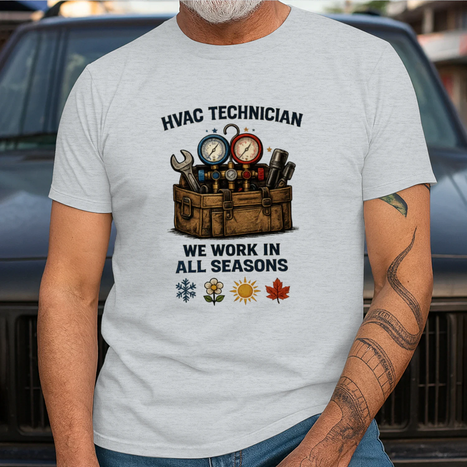 HVAC Technician T-Shirt | We Work In All Seasons | Heating & Cooling Technician Tee