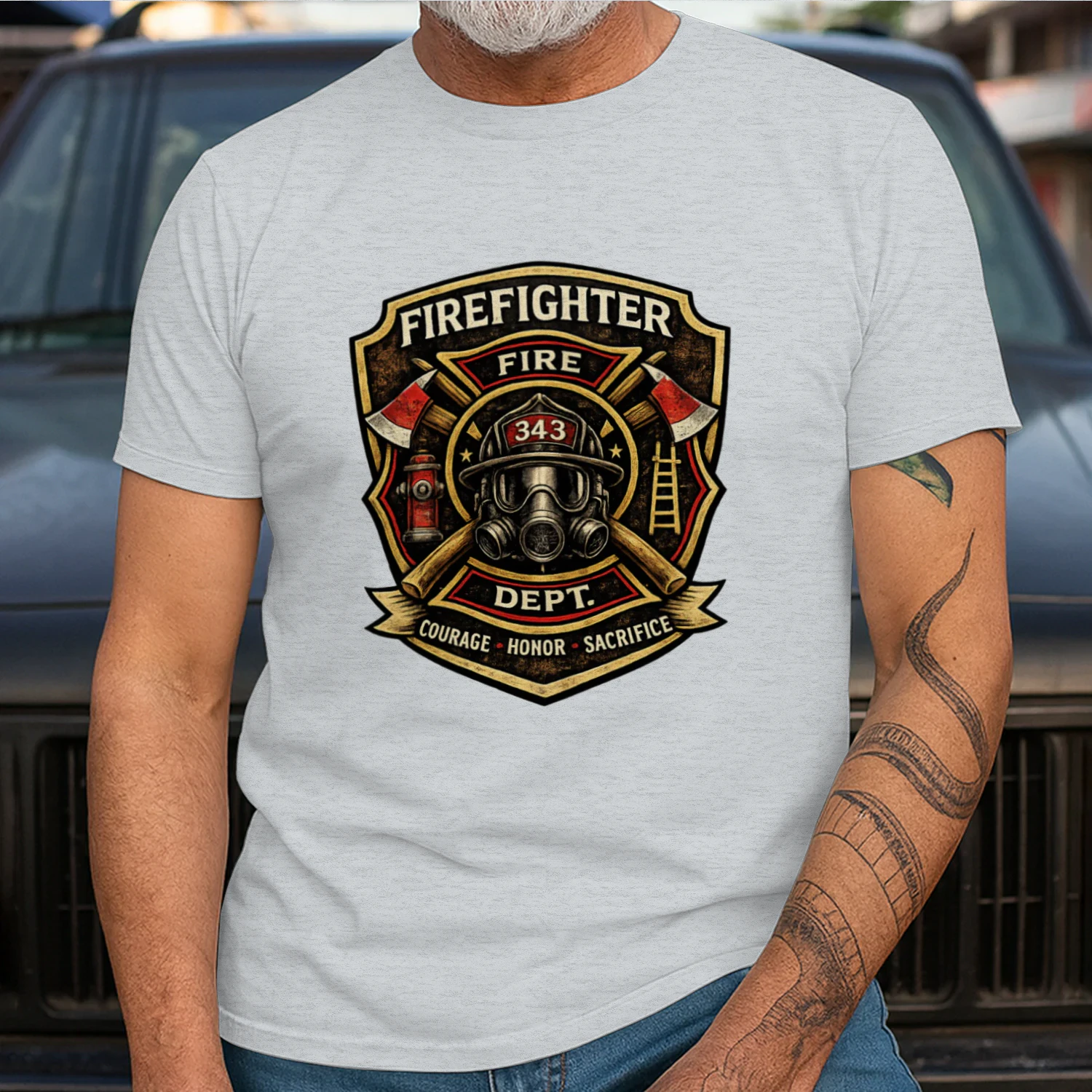 Firefighter T-Shirt | Courage Honor Sacrifice | Fire Department Badge Tee