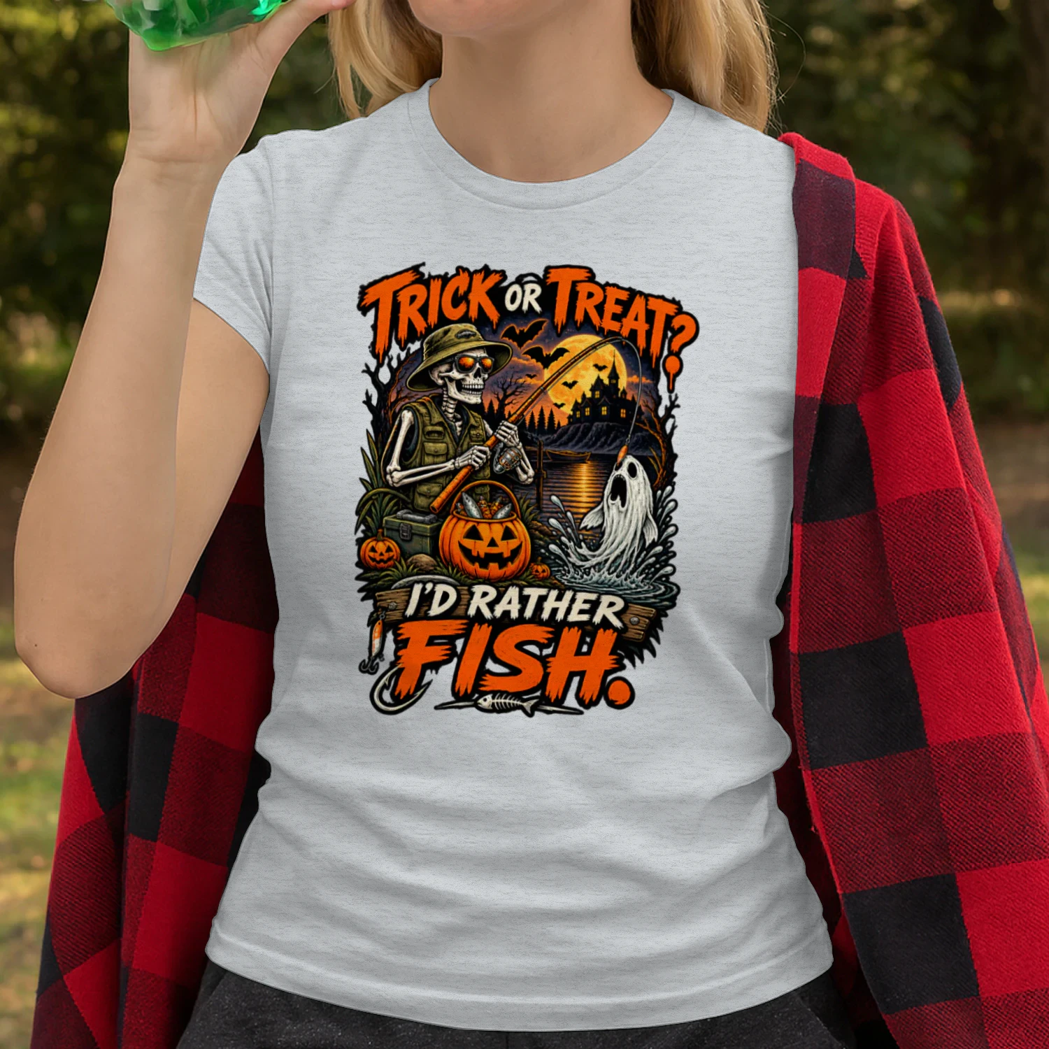 Trick or Treat Fishing T-Shirt | I’d Rather Fish | Skeleton Angler Halloween Tee