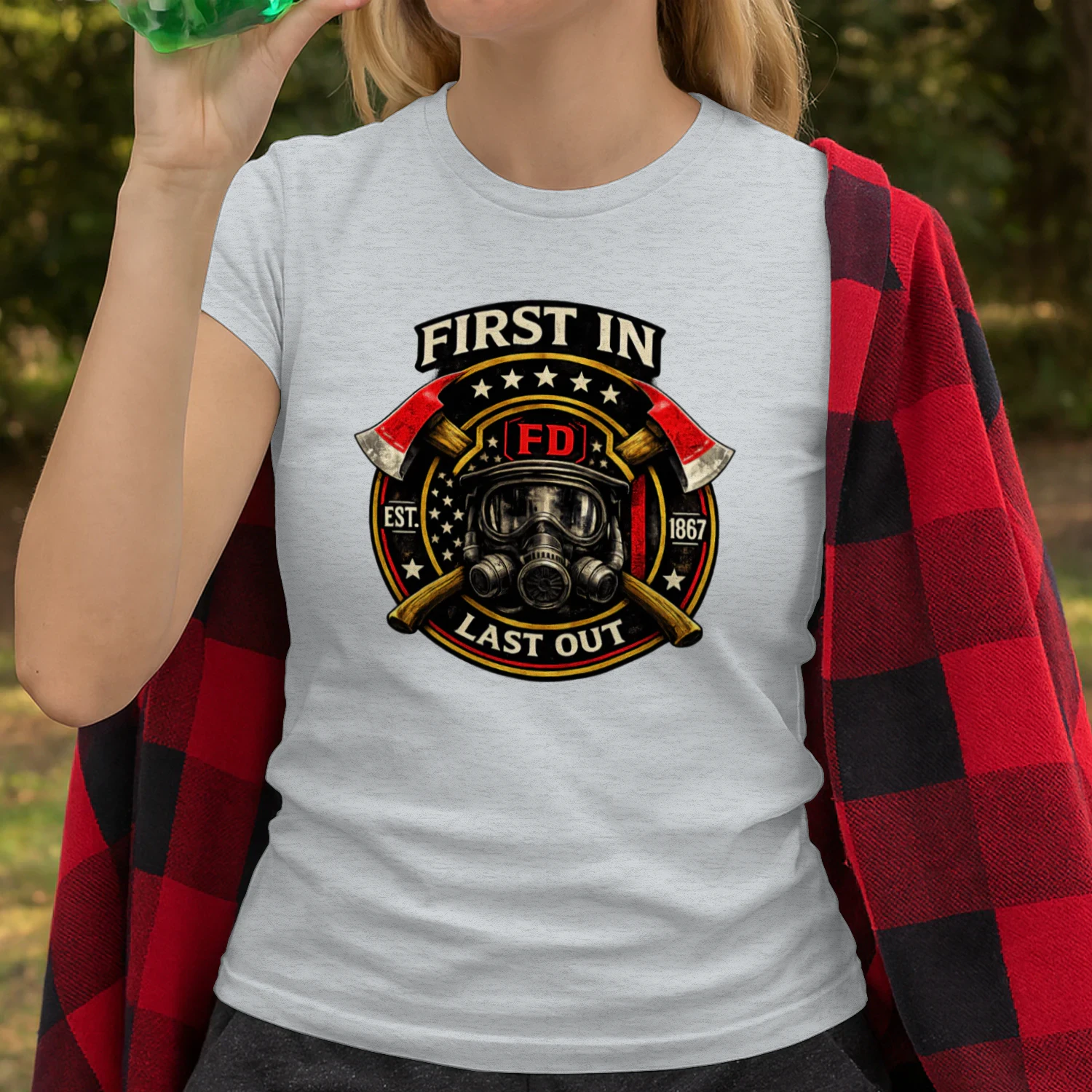 First In Last Out T-Shirt | Firefighter Badge | Fire Department First Responder Tee