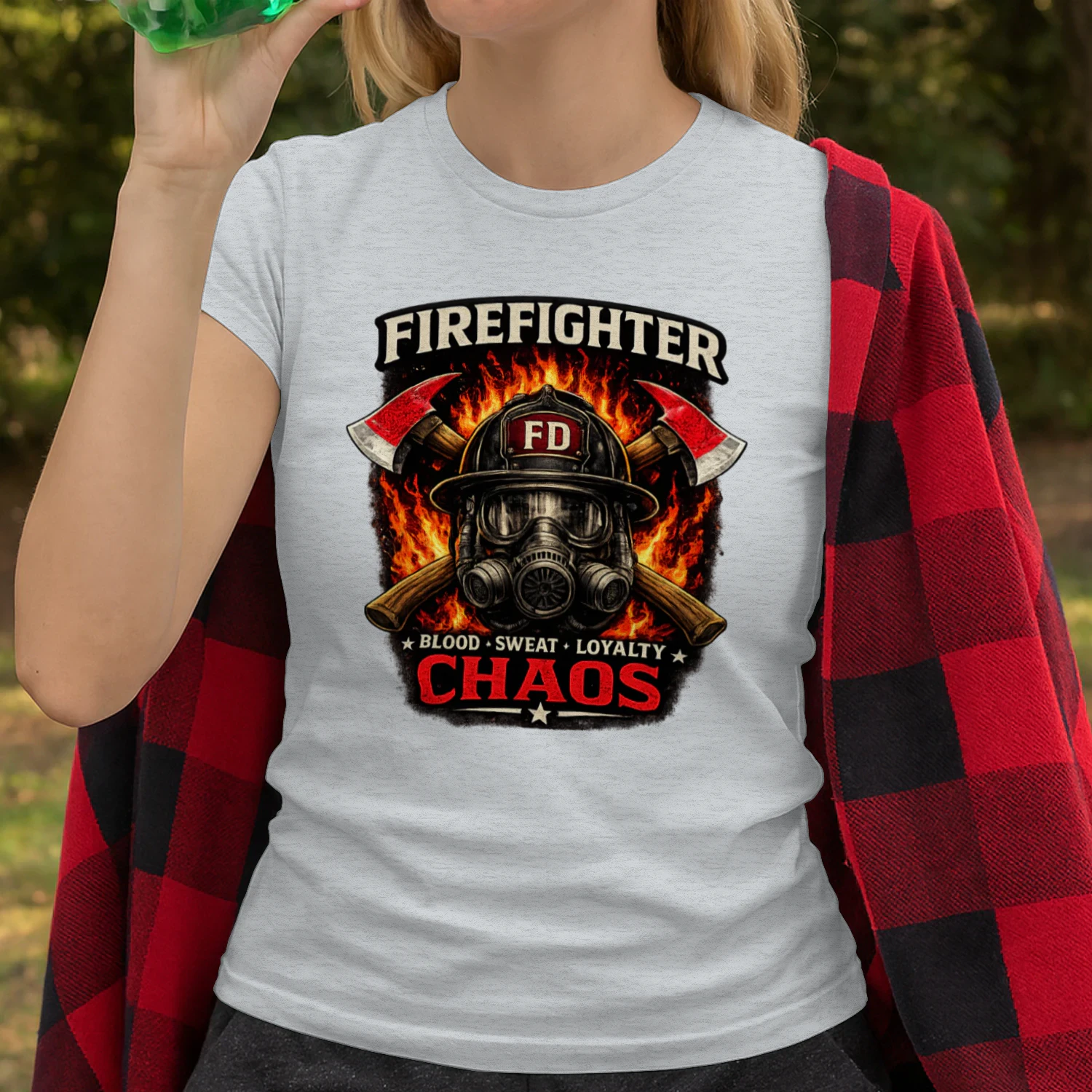 Firefighter T-Shirt | Blood Sweat Loyalty Chaos | Firefighter Helmet & Axes Tee