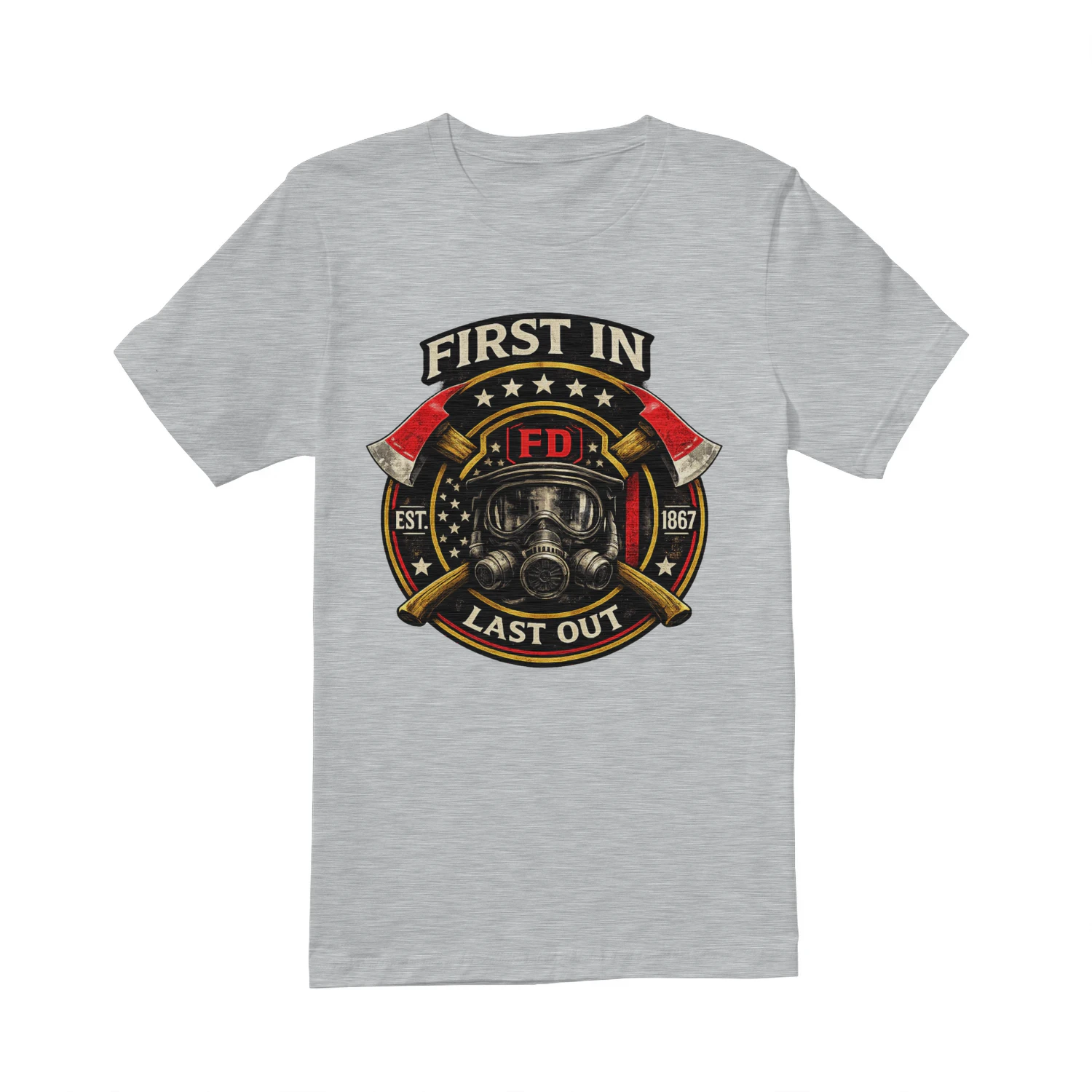 First In Last Out T-Shirt | Firefighter Badge | Fire Department First Responder Tee