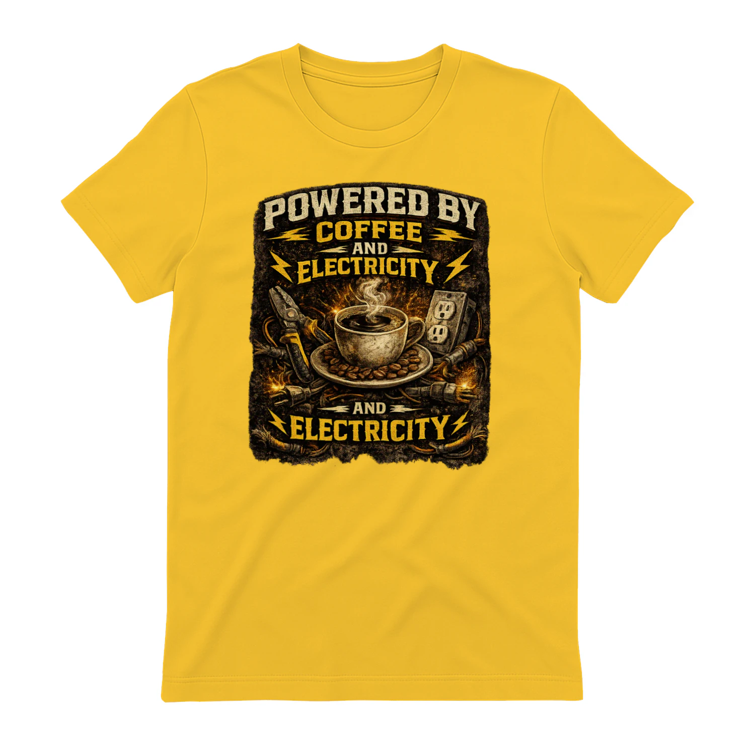 Powered By Coffee And Electricity T-Shirt | Funny Electrician Coffee Lover Tee | Vintage Electrical Worker Shirt