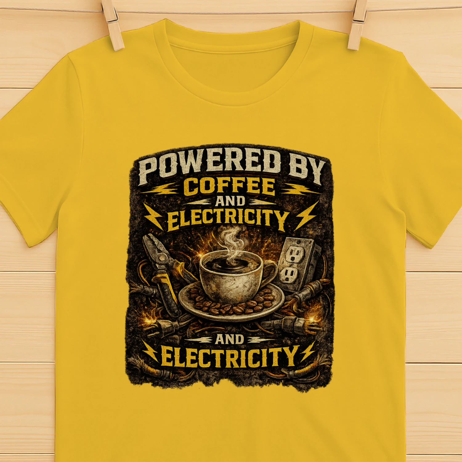 Powered By Coffee And Electricity T-Shirt | Funny Electrician Coffee Lover Tee | Vintage Electrical Worker Shirt
