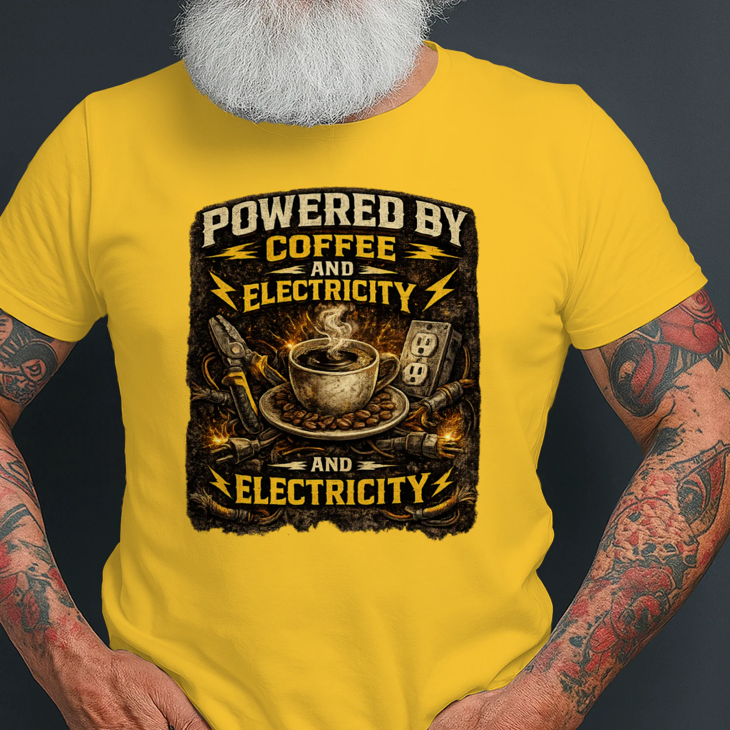 Powered By Coffee And Electricity T-Shirt | Funny Electrician Coffee Lover Tee | Vintage Electrical Worker Shirt