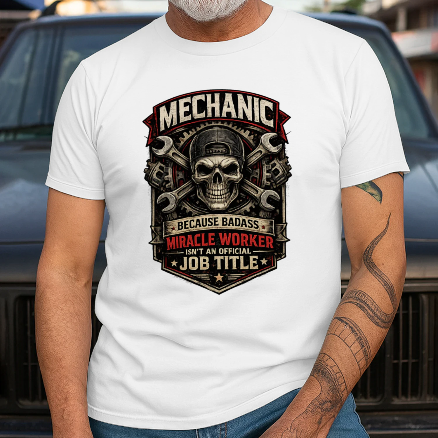 Mechanic Because Badass Miracle Worker Isn't An Official Job Title T-Shirt | Vintage Auto Mechanic Tee