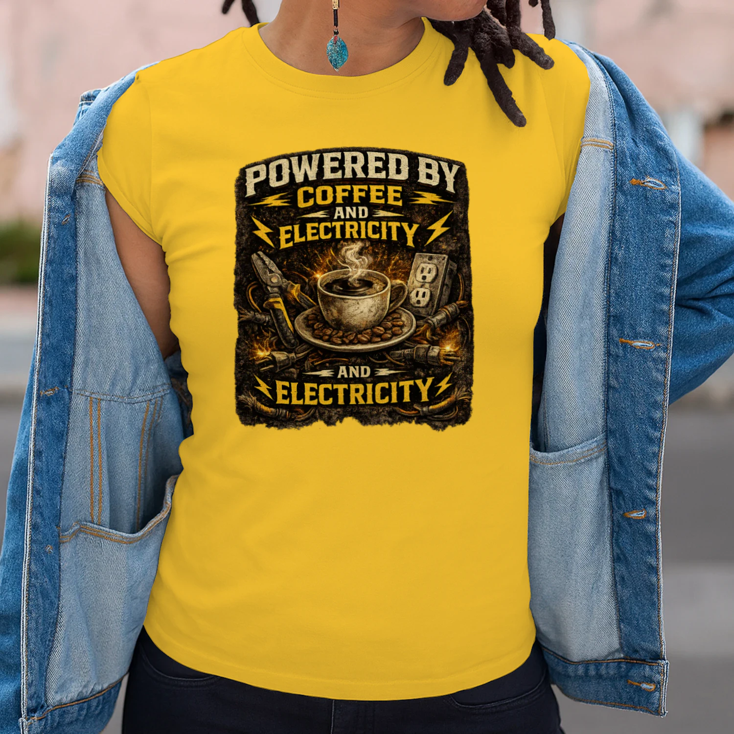 Powered By Coffee And Electricity T-Shirt | Funny Electrician Coffee Lover Tee | Vintage Electrical Worker Shirt