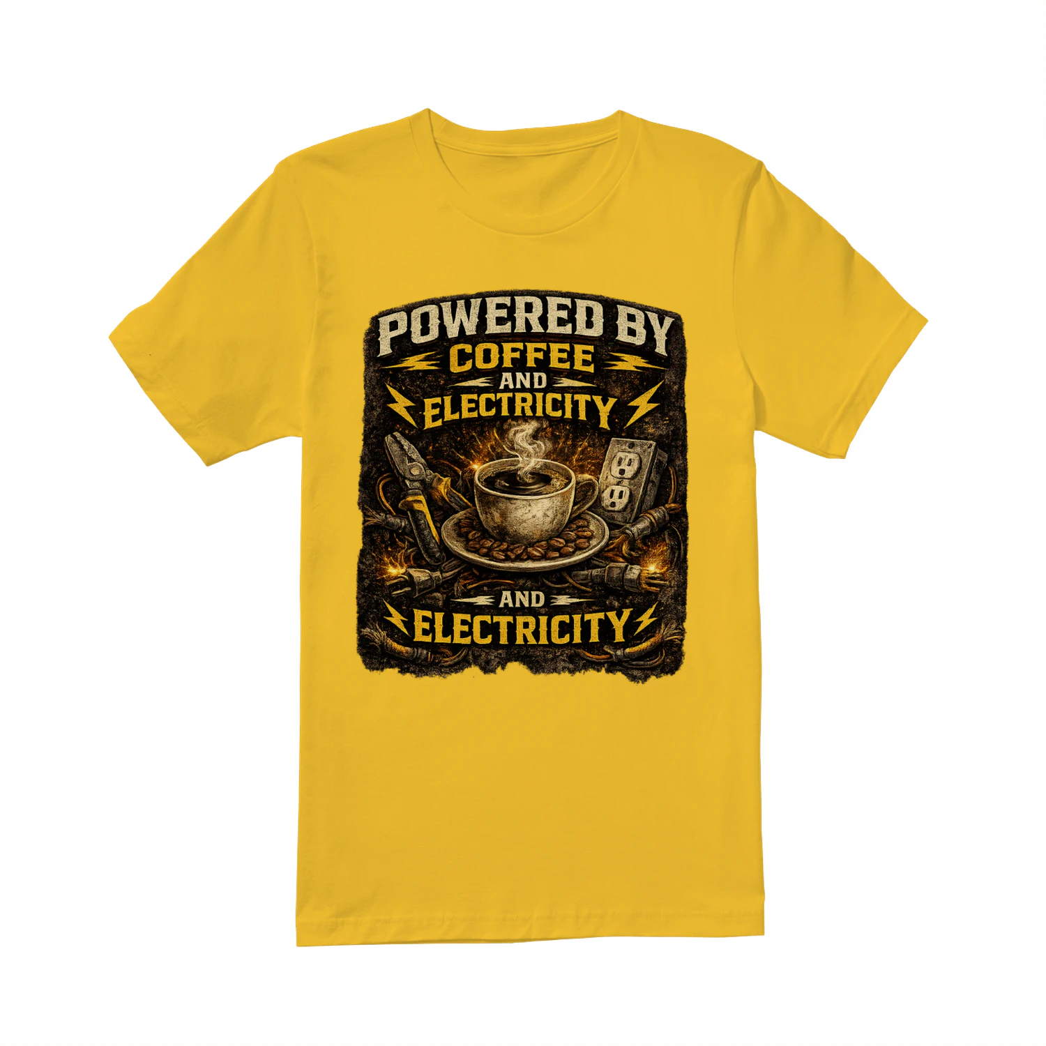 Powered By Coffee And Electricity T-Shirt | Funny Electrician Coffee Lover Tee | Vintage Electrical Worker Shirt