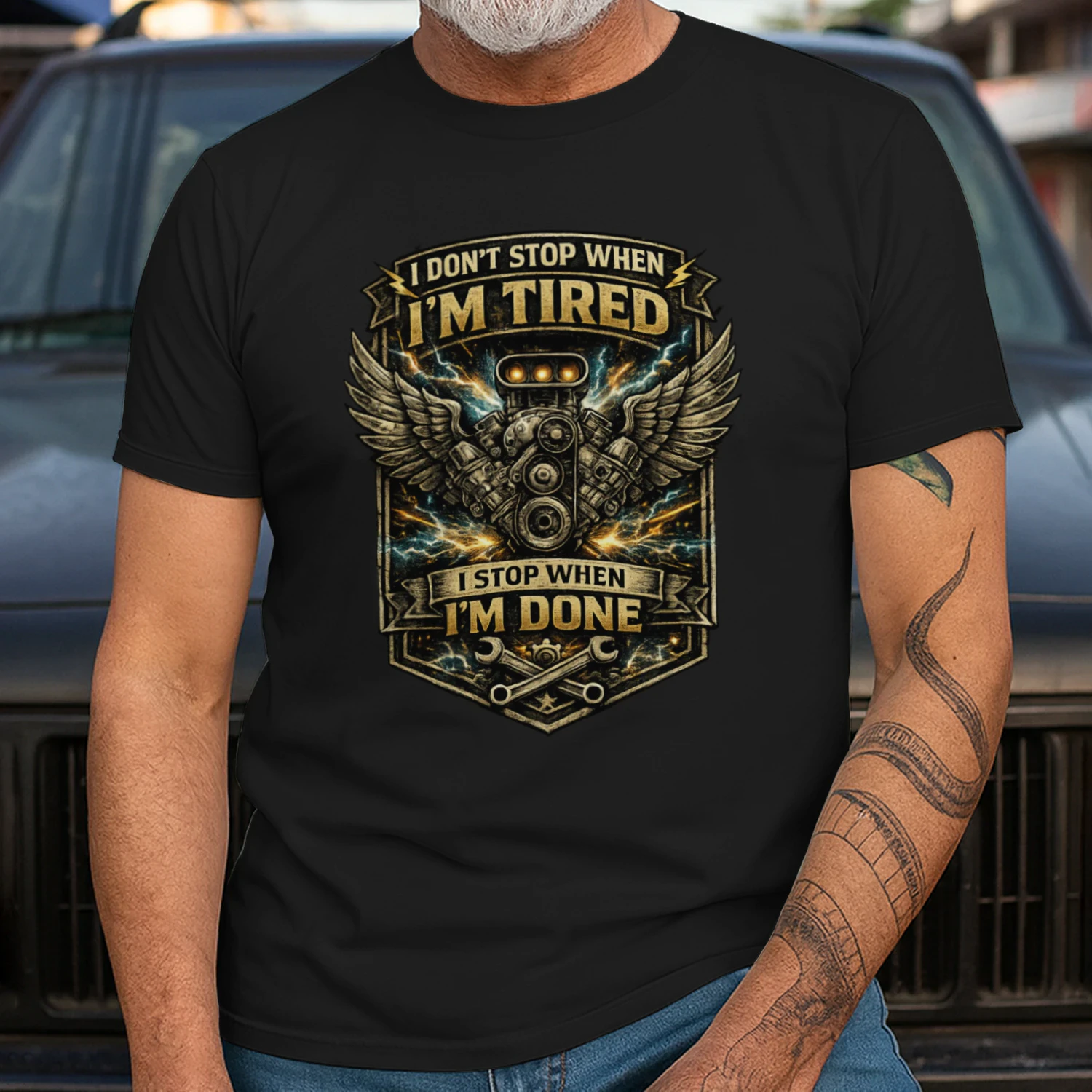 I Don't Stop When I'm Tired I Stop When I'm Done T-Shirt | Vintage Mechanic V8 Engine Tee
