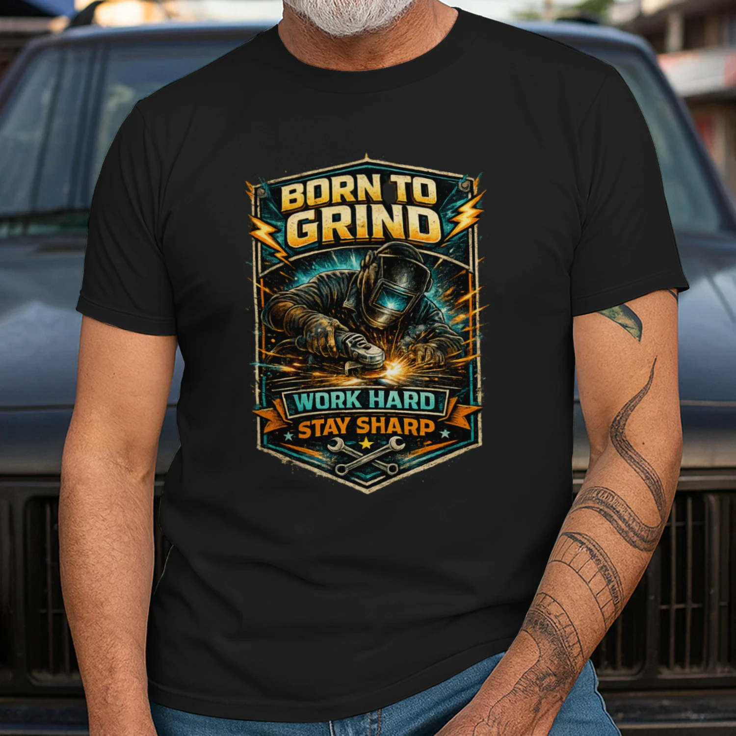 Born To Grind T-Shirt | Work Hard Stay Sharp | Vintage Welder & Fabricator Tee