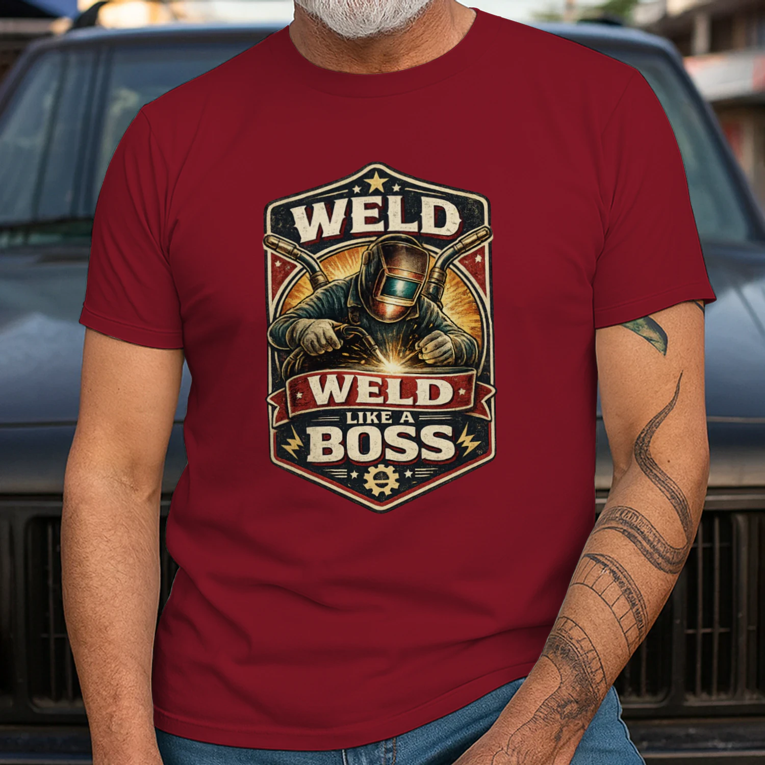 Weld Like A Boss T-Shirt | Vintage Welder Badge Tee | Metal Fabricator Shirt