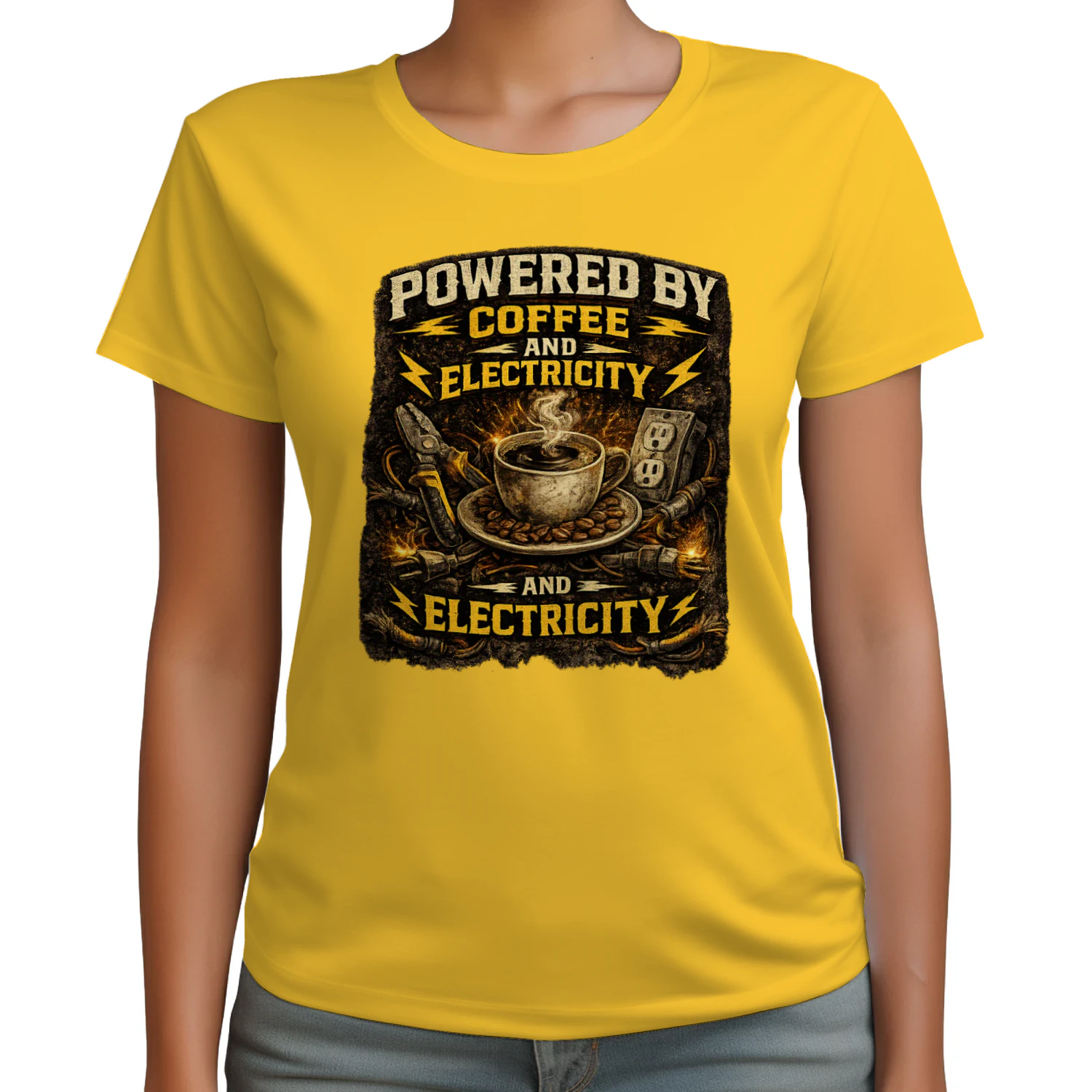 Powered By Coffee And Electricity T-Shirt | Funny Electrician Coffee Lover Tee | Vintage Electrical Worker Shirt