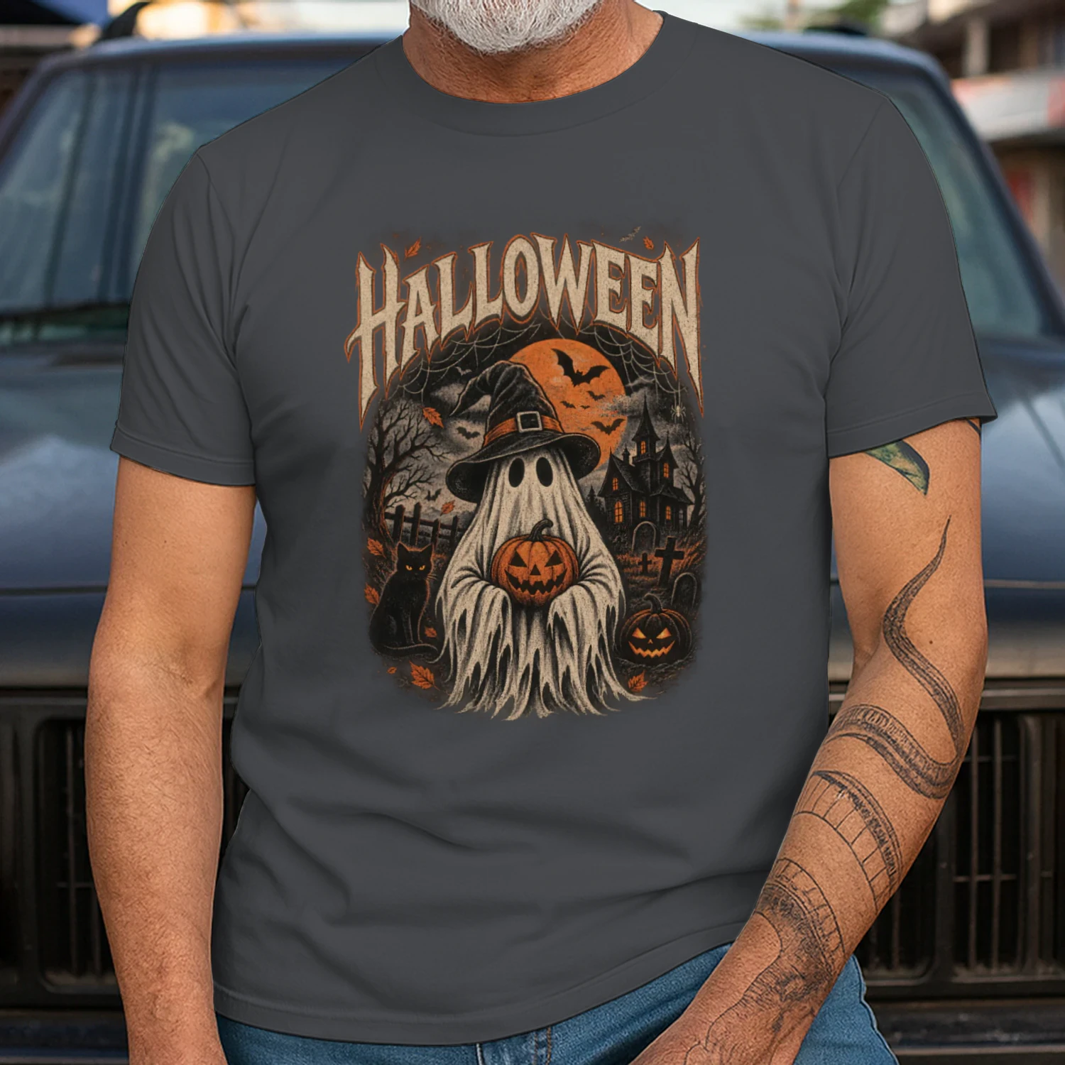 Halloween Ghost Retro T-Shirt | Vintage Ghost & Pumpkin | Spooky Halloween Tee