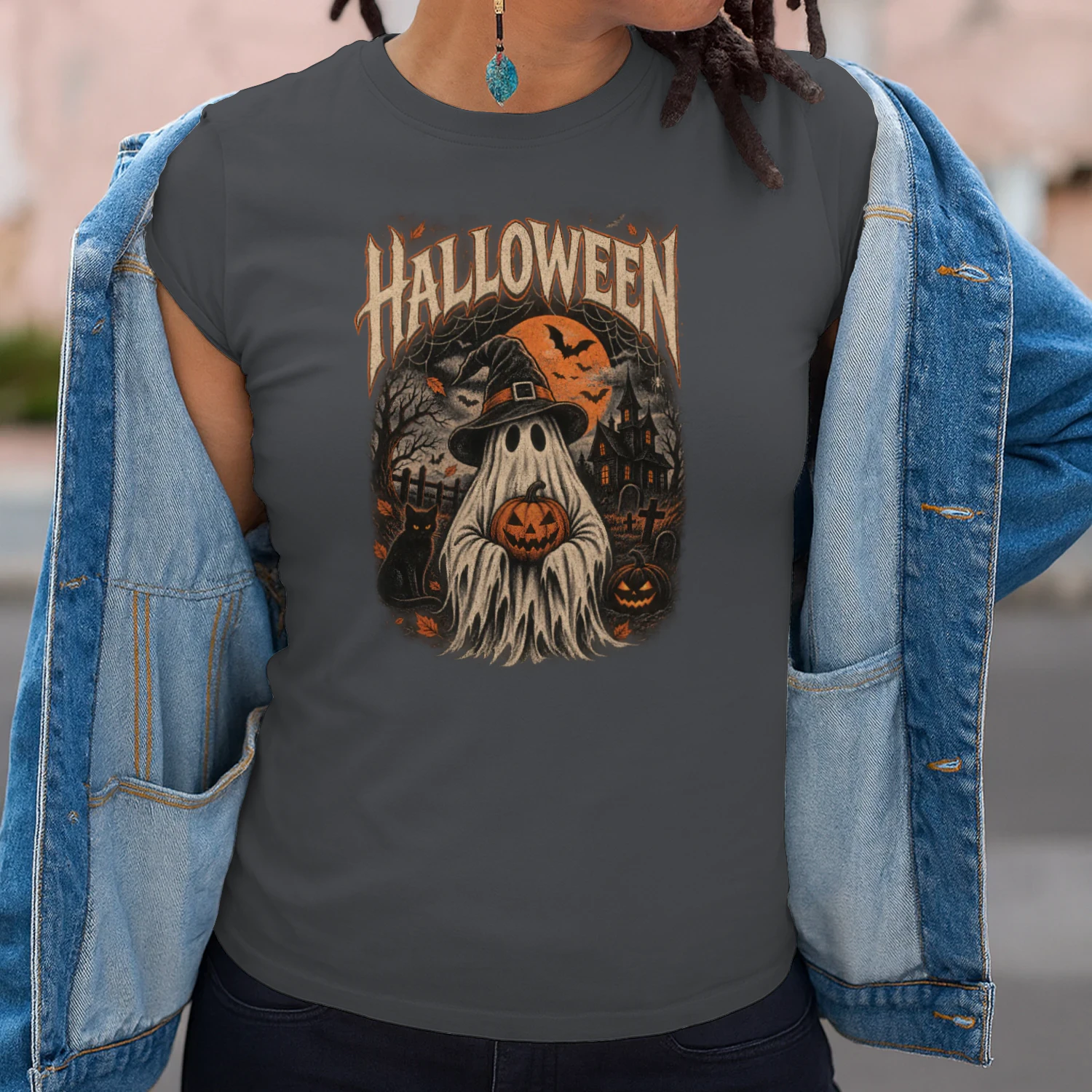 Halloween Ghost Retro T-Shirt | Vintage Ghost & Pumpkin | Spooky Halloween Tee