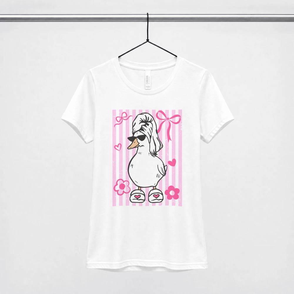 Funny Shower Goose T-Shirt for Women | Cute Duck in Towel and Slippers Graphic Tee
