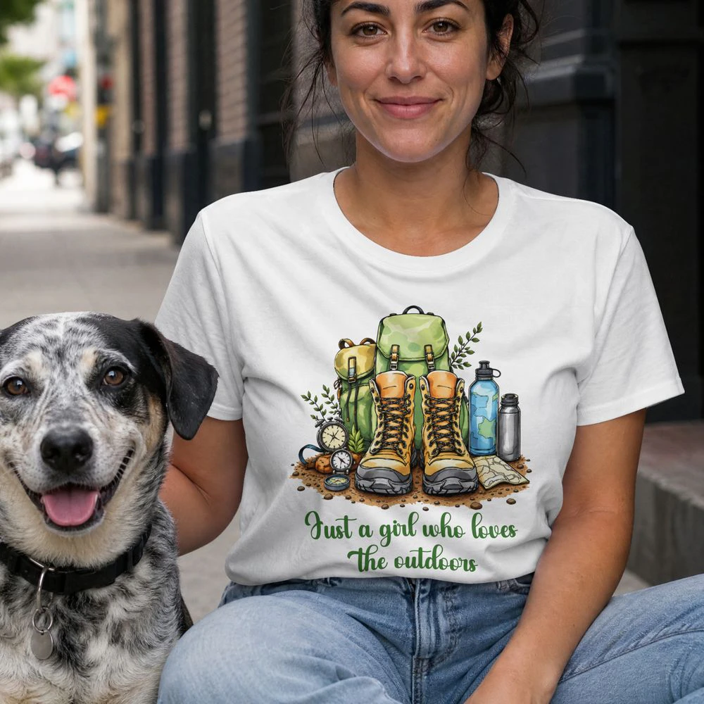 Just A Girl Who Loves The Outdoors T-Shirt | Hiking Camping Adventure Graphic for Women