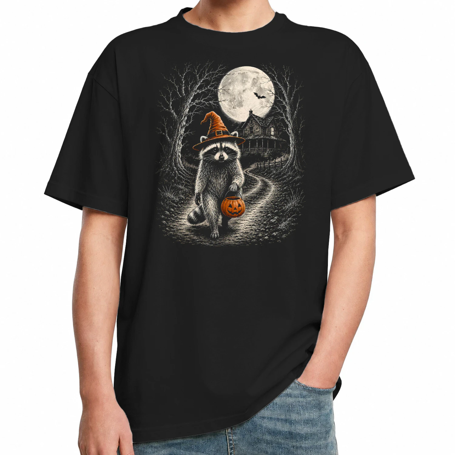 Vintage Raccoon Halloween Cute Possum Pumpkin Spooky Moon