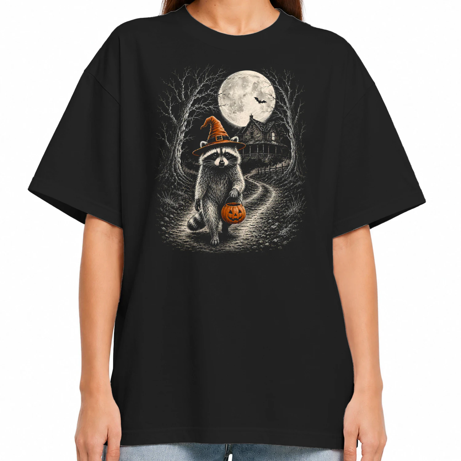 Vintage Raccoon Halloween Cute Possum Pumpkin Spooky Moon