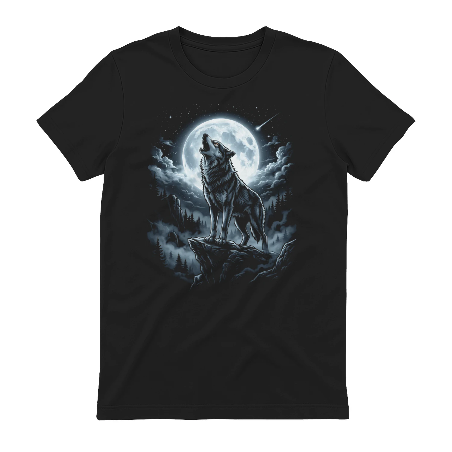 Howling Gray Wolf in the Full Moon Vintage 90s Moonlight with Starry Sky 