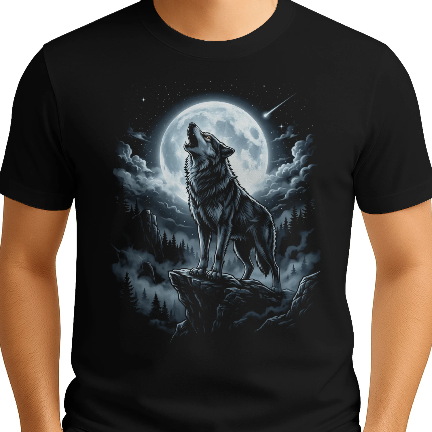 Howling Gray Wolf in the Full Moon Vintage 90s Moonlight with Starry Sky 