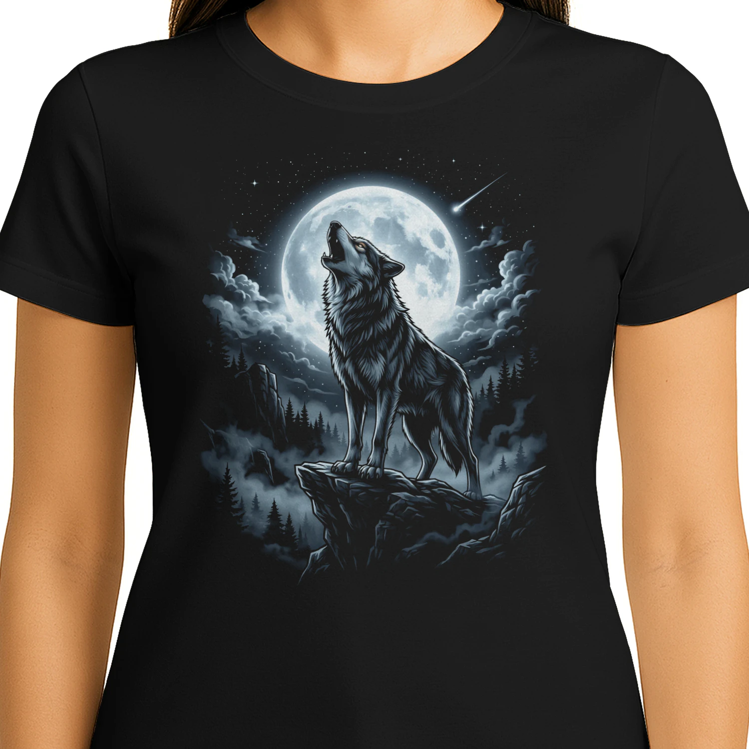 Howling Gray Wolf in the Full Moon Vintage 90s Moonlight with Starry Sky 