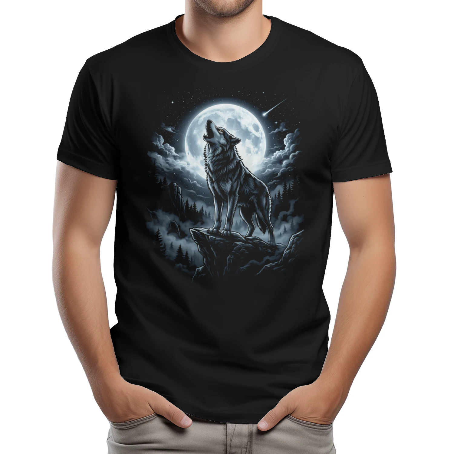 Howling Gray Wolf in the Full Moon Vintage 90s Moonlight with Starry Sky 