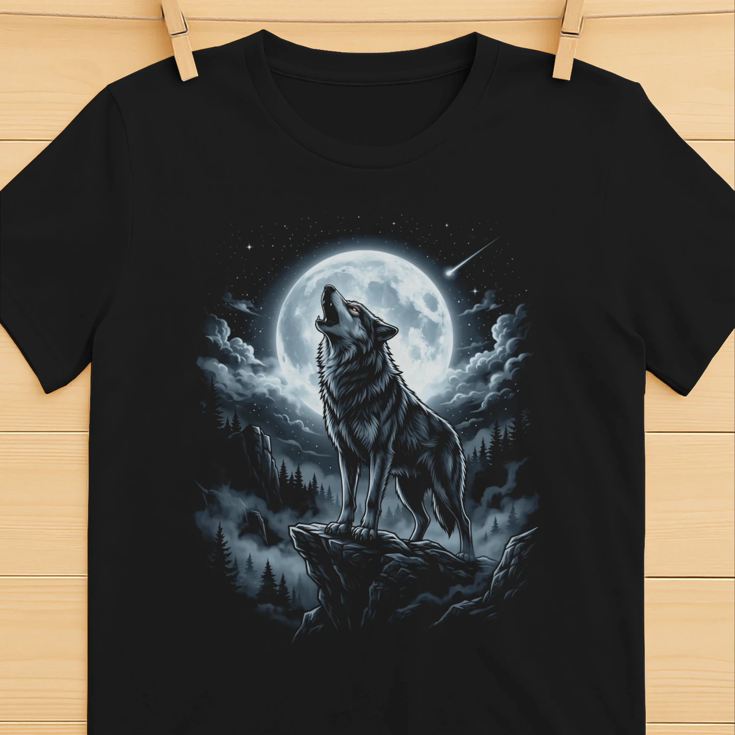 Howling Gray Wolf in the Full Moon Vintage 90s Moonlight with Starry Sky 