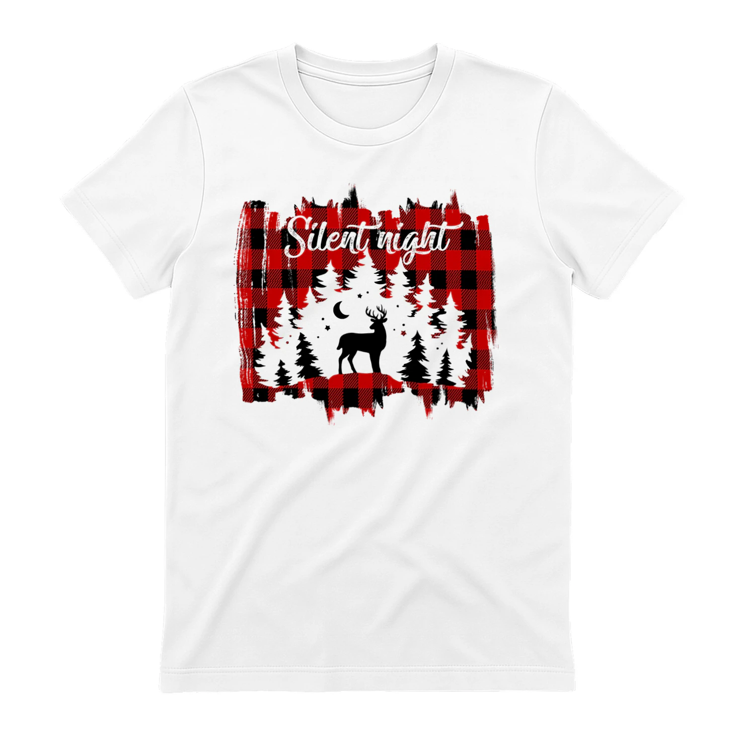 Silent Night Deer Forest Shirt, Rustic Buffalo Plaid Camping Christmas T-Shirt