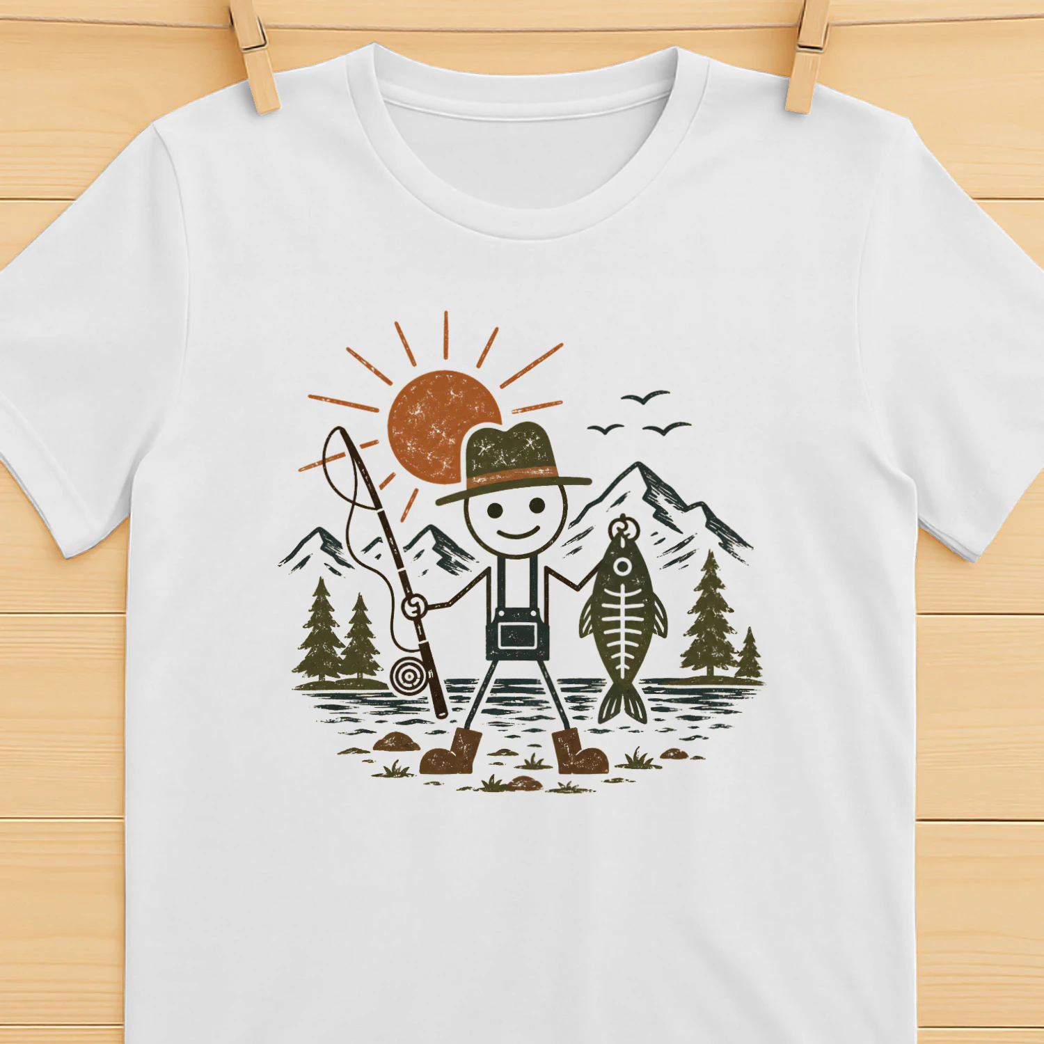 Funny Stick Figure With Fishing Rode Shirt for Men Women, Lake Fishing Outdoor Adventure T-Shirt