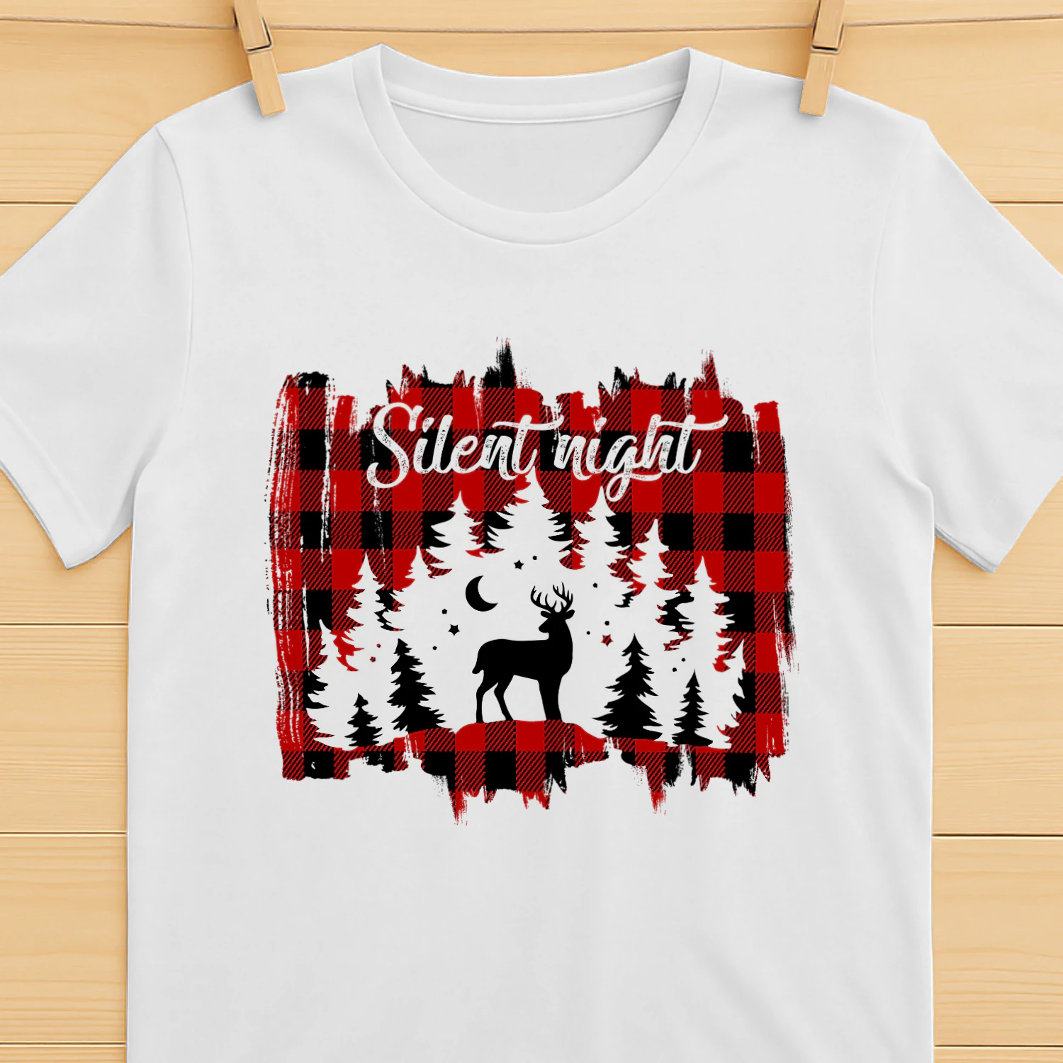 Silent Night Deer Forest Shirt, Rustic Buffalo Plaid Camping Christmas T-Shirt