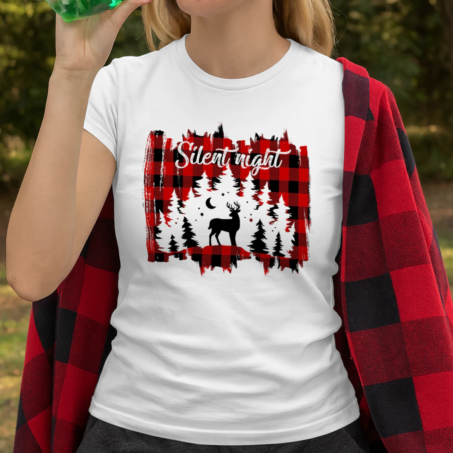 Silent Night Deer Forest Shirt, Rustic Buffalo Plaid Camping Christmas T-Shirt