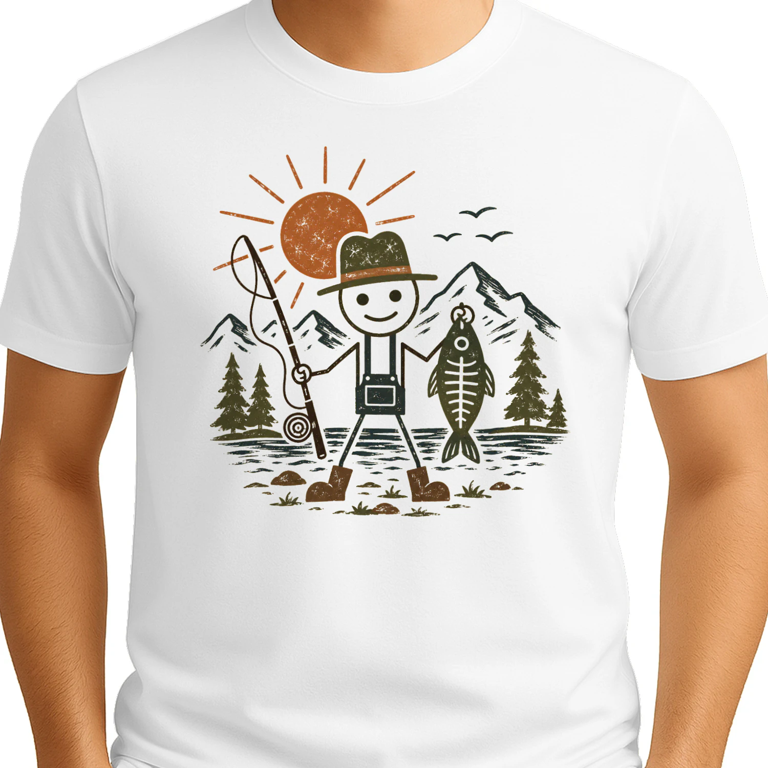 Funny Stick Figure With Fishing Rode Shirt for Men Women, Lake Fishing Outdoor Adventure T-Shirt