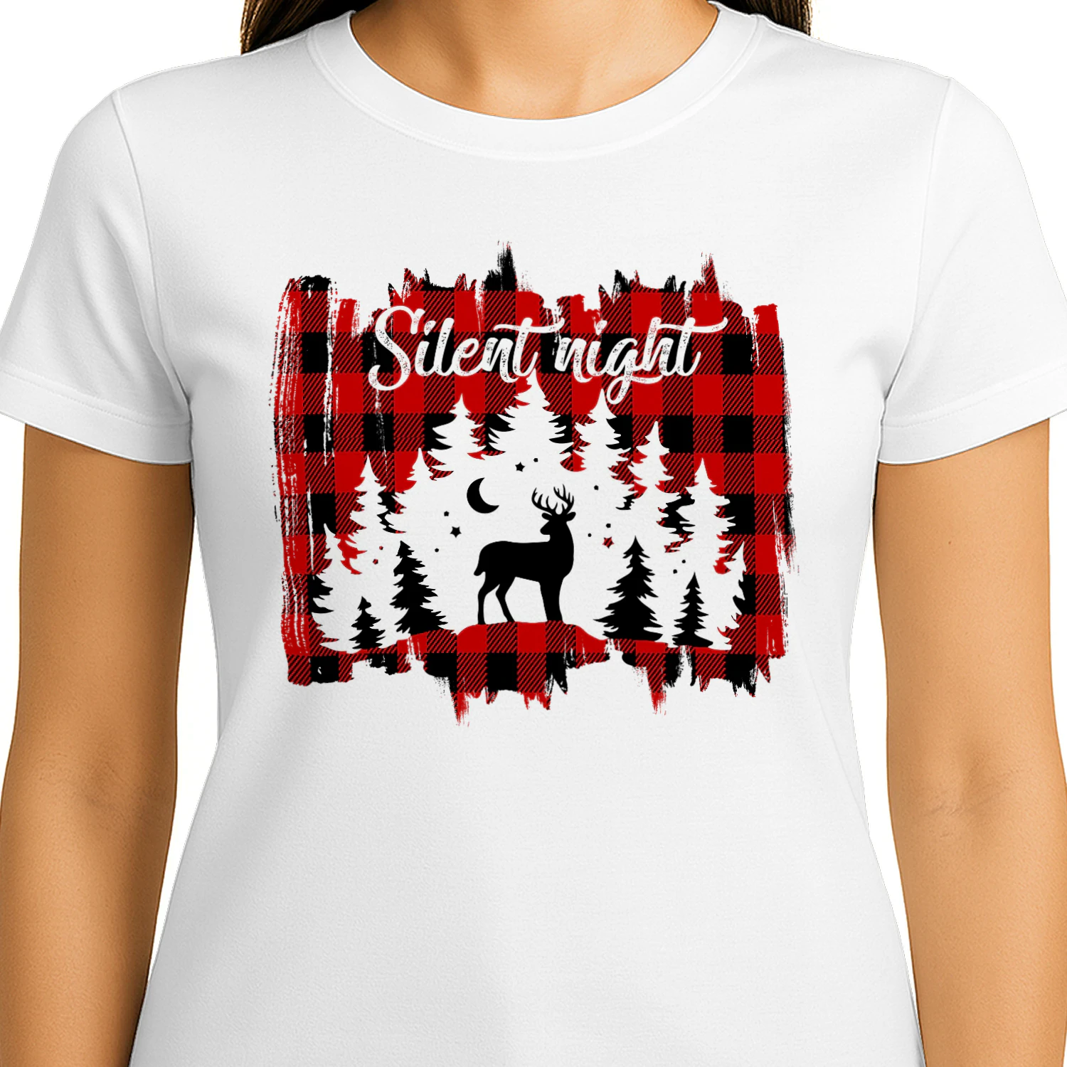 Silent Night Deer Forest Shirt, Rustic Buffalo Plaid Camping Christmas T-Shirt
