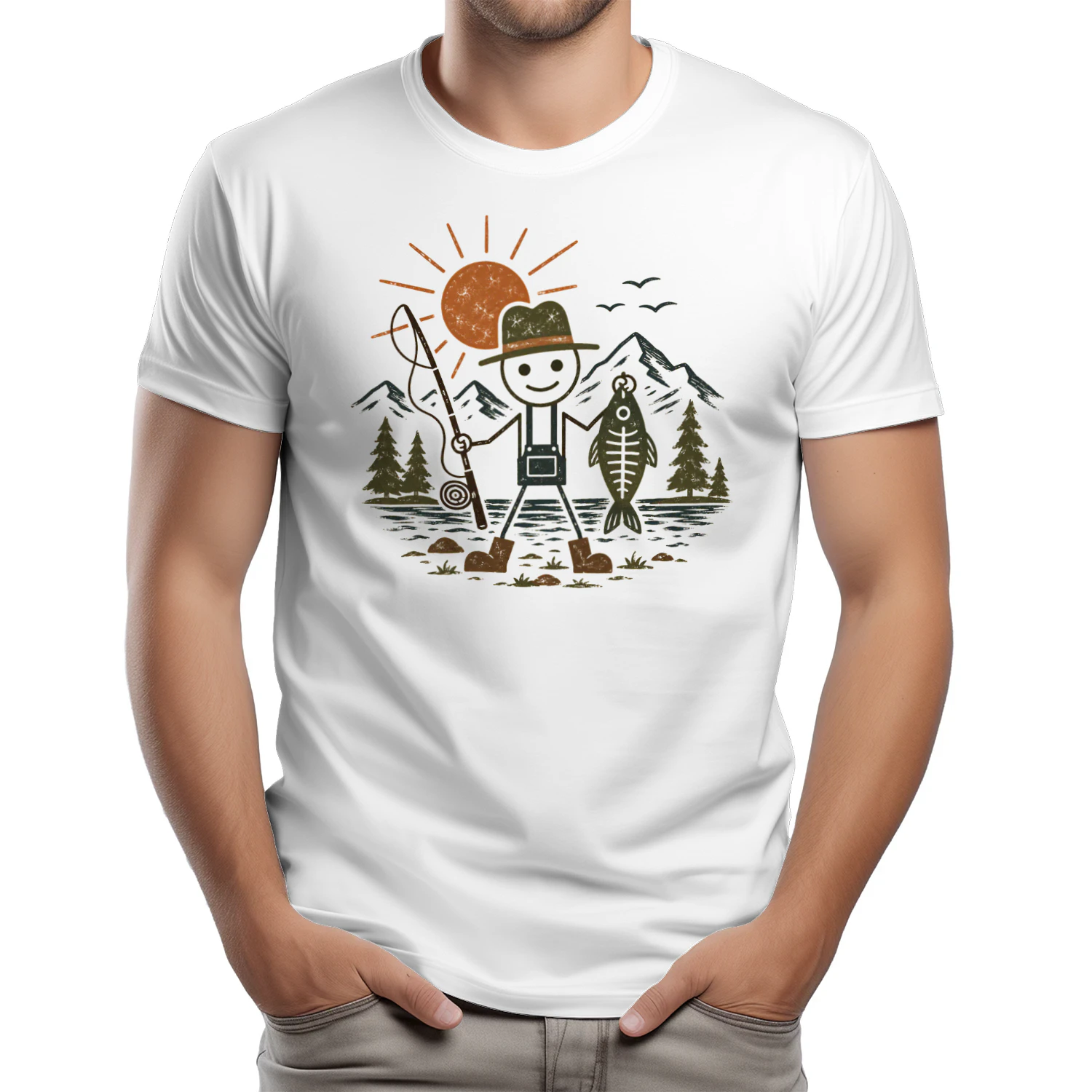 Funny Stick Figure With Fishing Rode Shirt for Men Women, Lake Fishing Outdoor Adventure T-Shirt