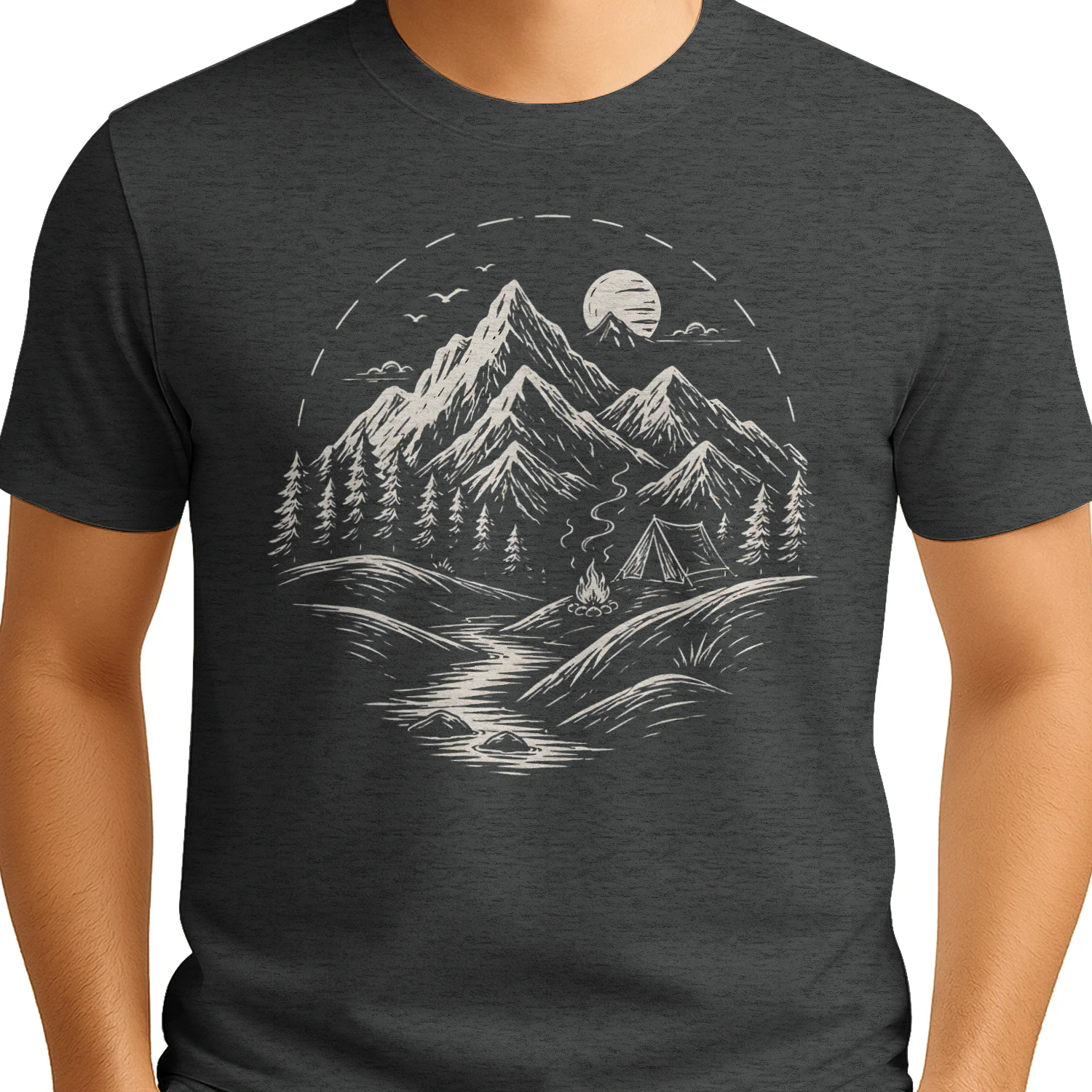Wilderness Escape – Vintage Mountain Camping Line Art Graphic Design