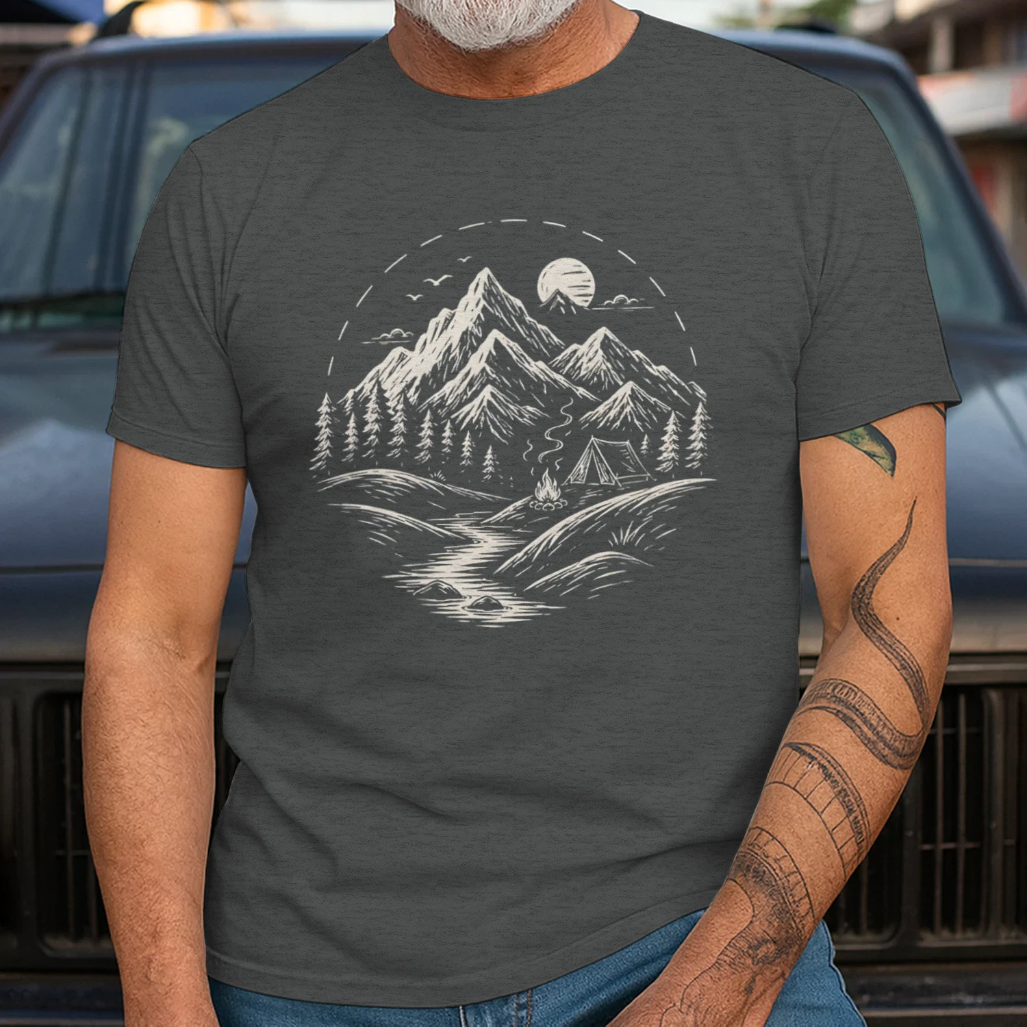 Wilderness Escape – Vintage Mountain Camping Line Art Graphic Design