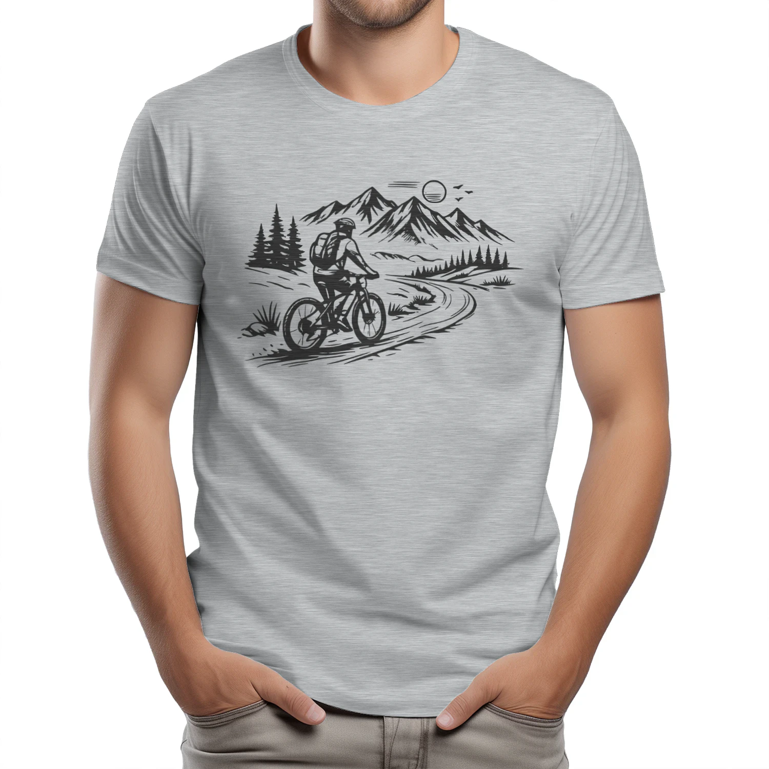 Ride Into Nature – Minimalist Mountain Cycling Line Art Graphic Design